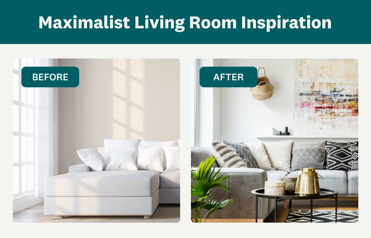 minimal living with light couch + colorful living room with textures and patterns