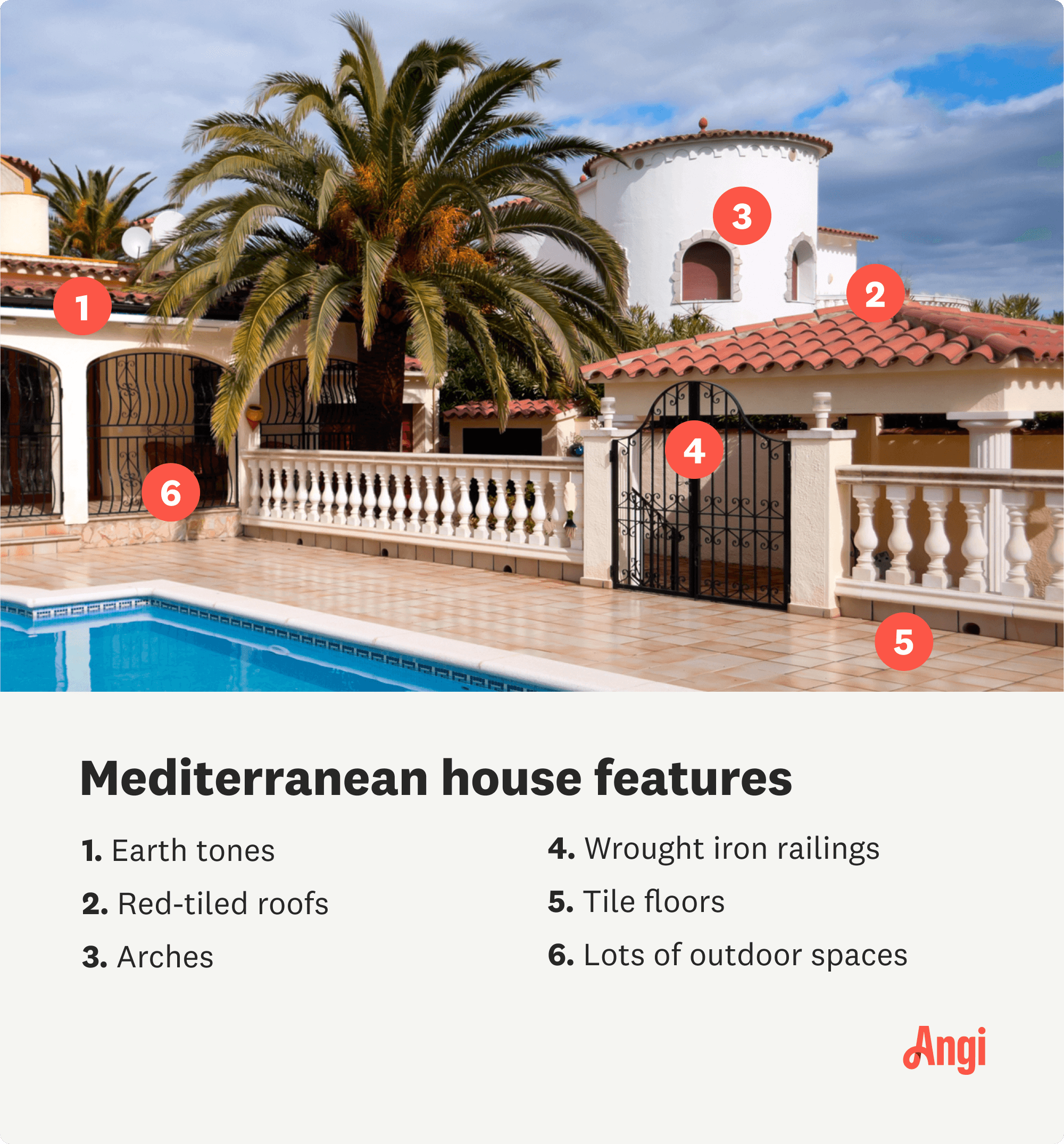 6 Mediterranean house features, including red-tiled roofs, arches, wrought iron railings, and tile floors