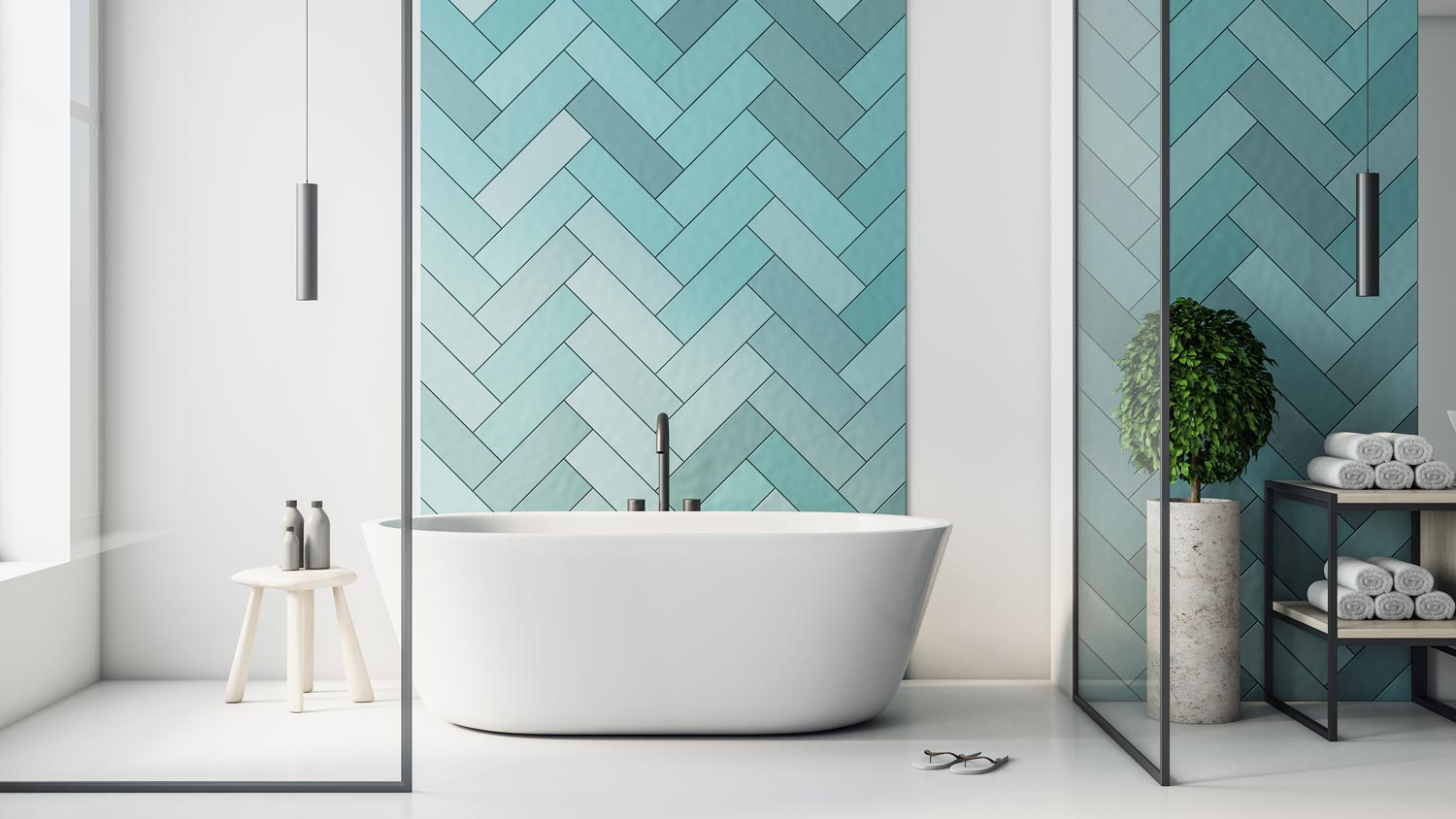 A modern bathroom with turquoise tiles