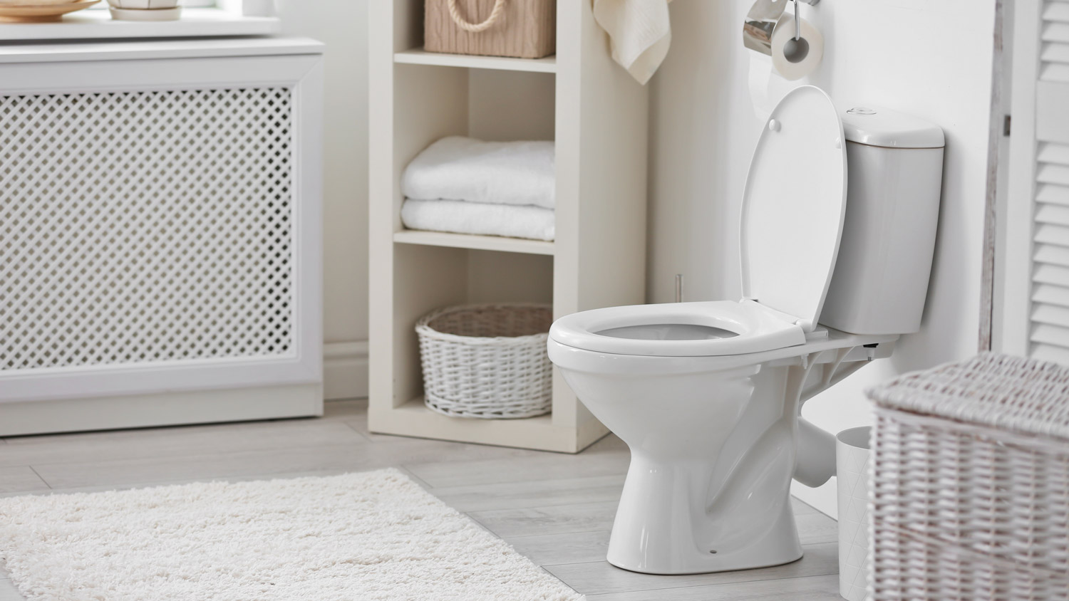 A modern bathroom with a white toilet bowl