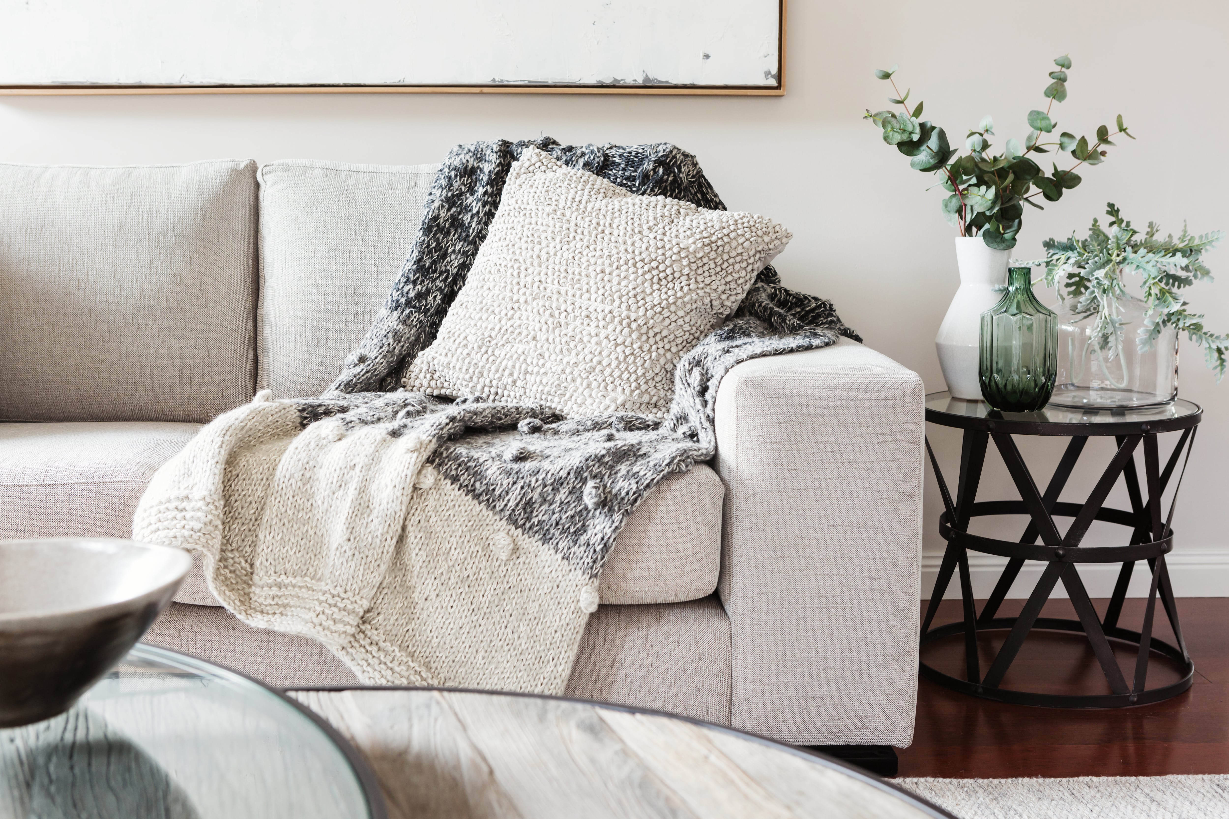 Textured gray sofa in living room