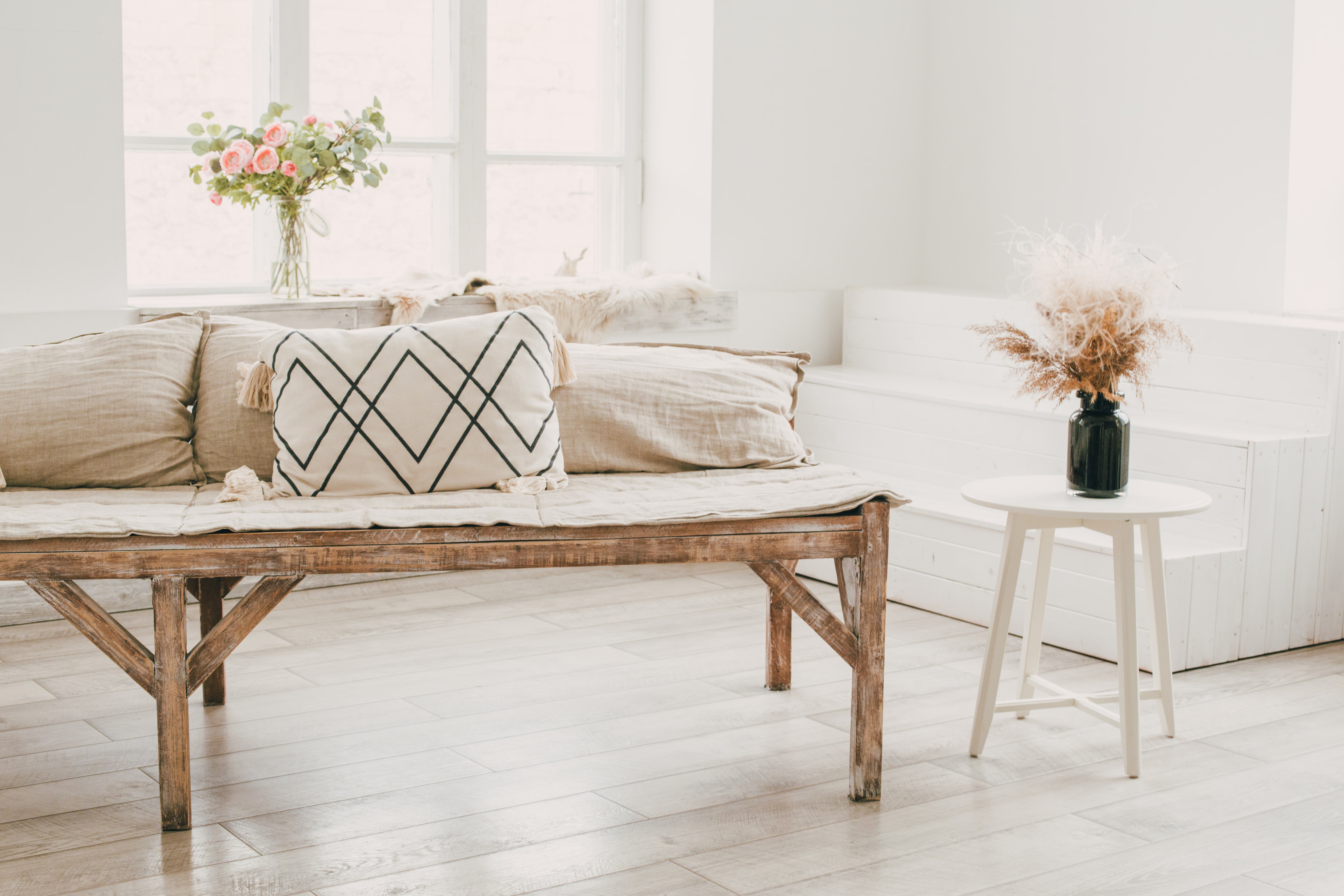 Wooden bench and natural plants in living room