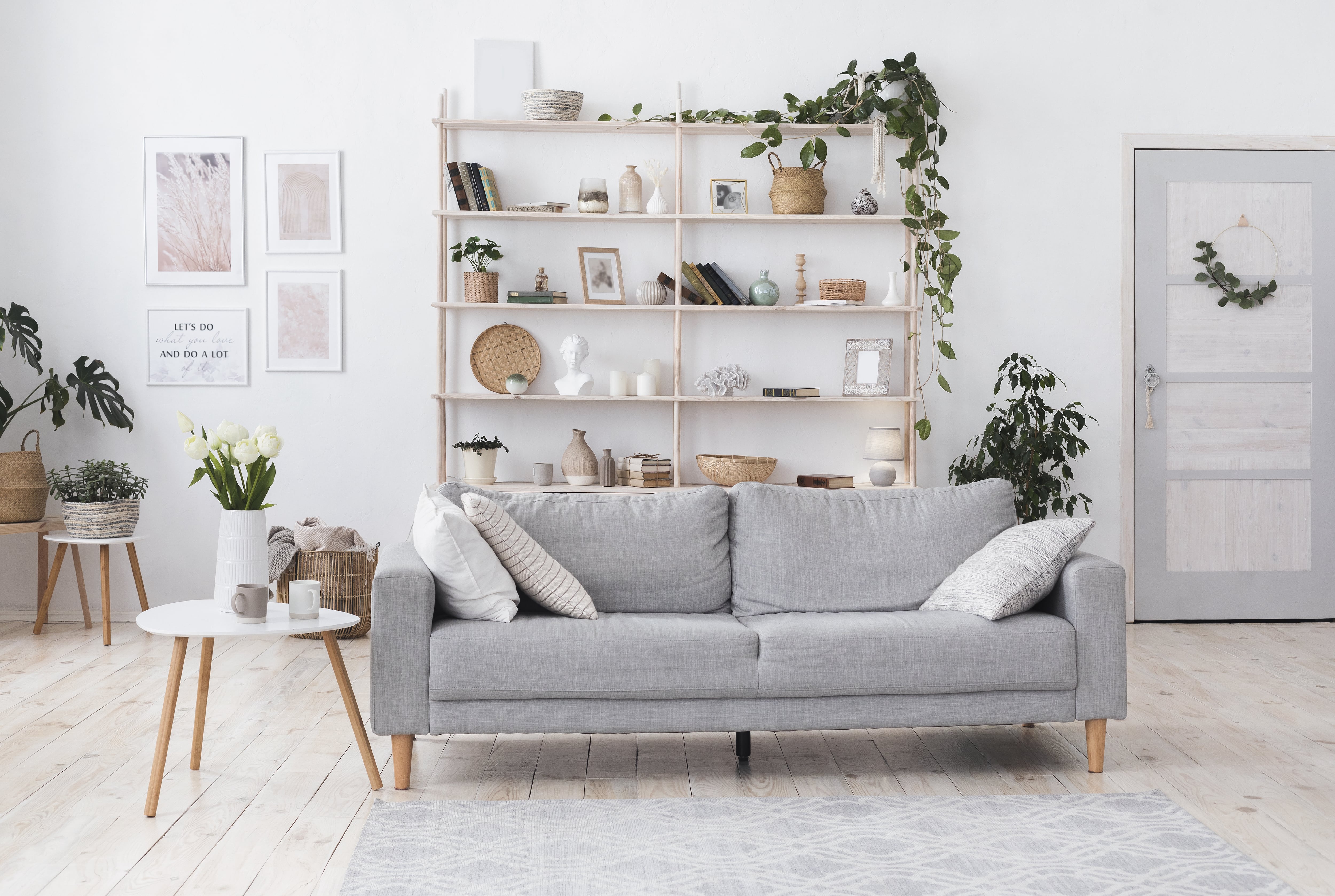 Modern living room with etagere shelving unit