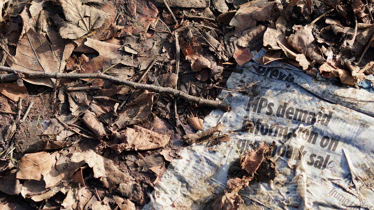 Closeup of a newspaper mixed with soil