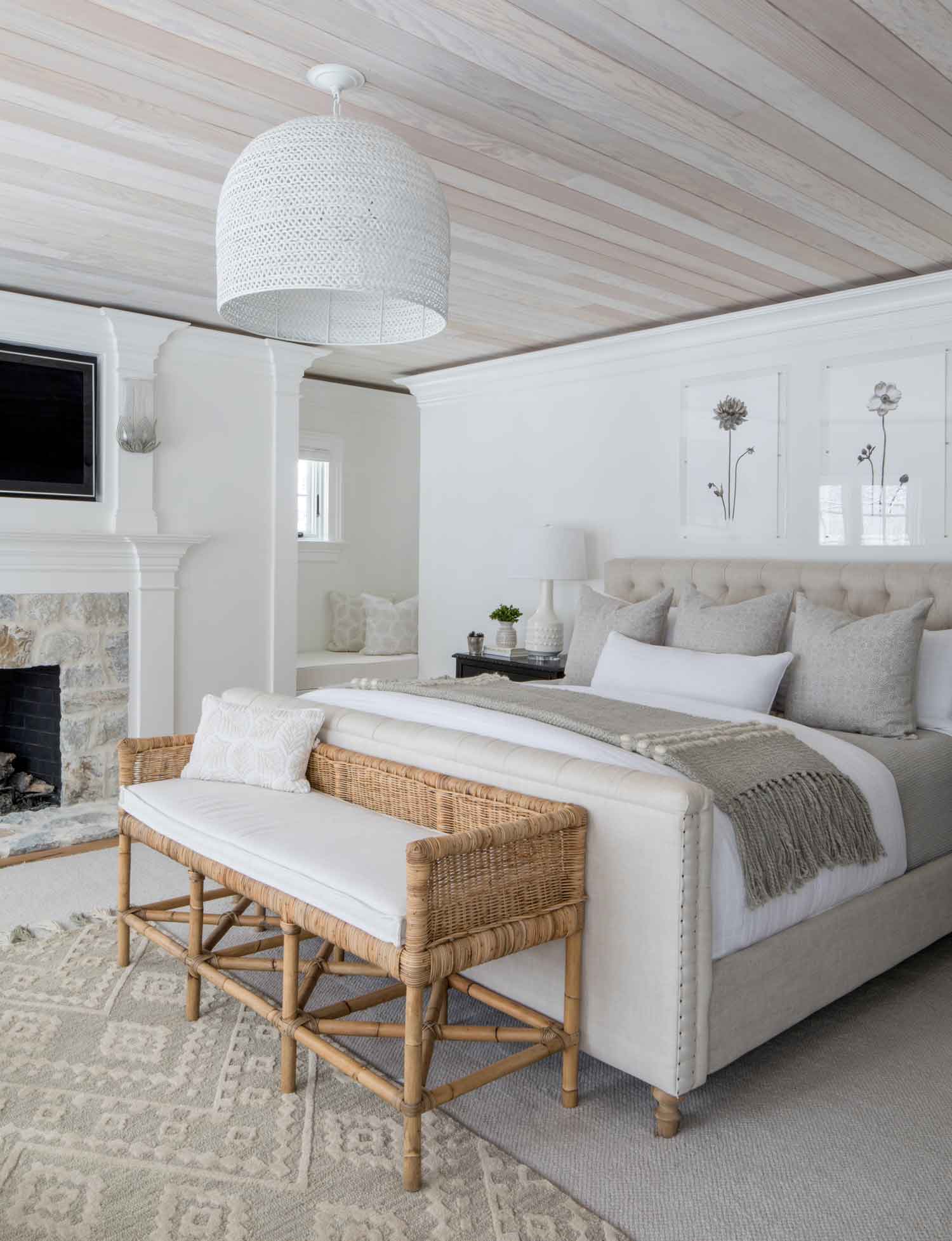 neutral colored bedroom with oversized lamp shade