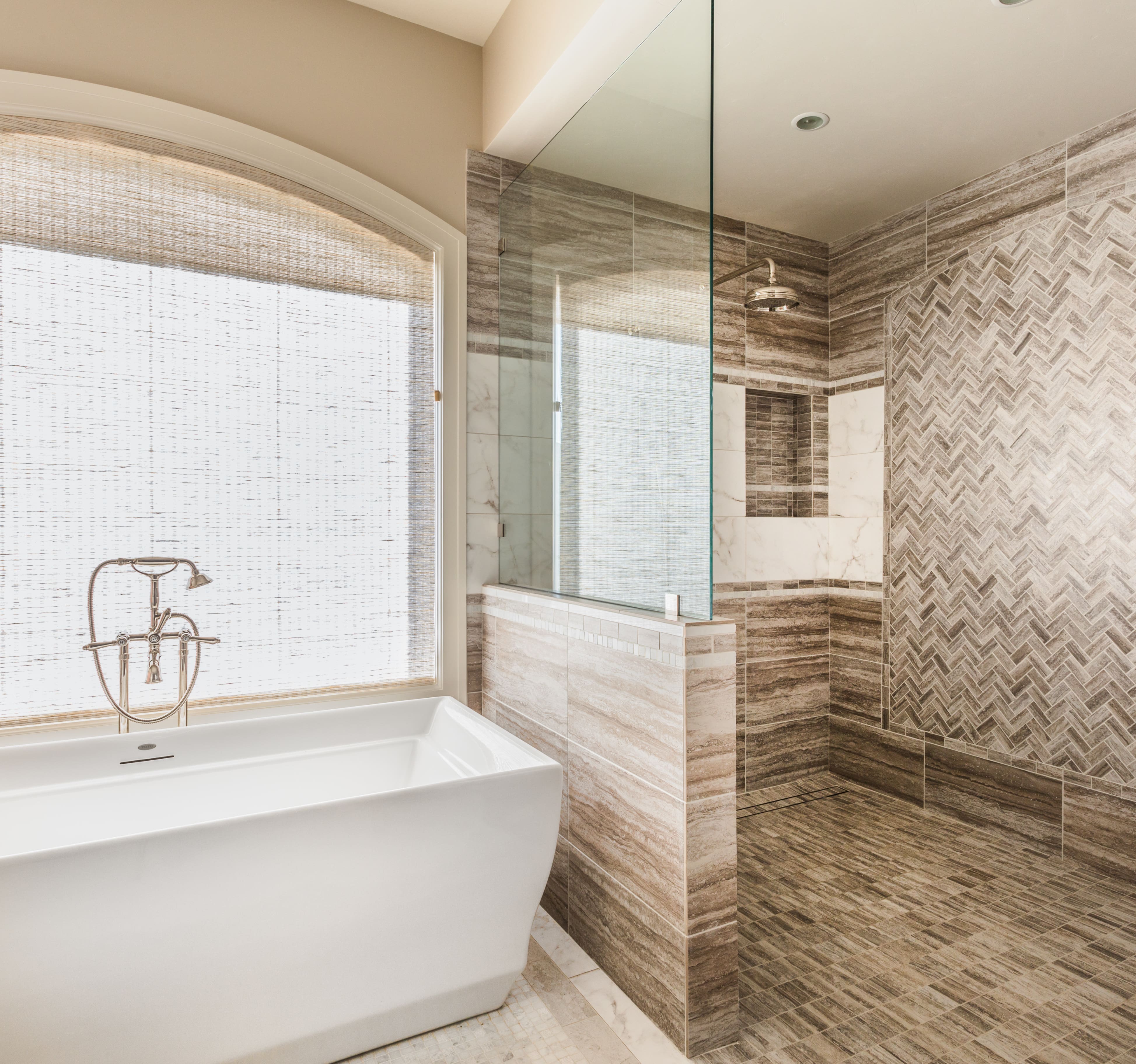 Large walk-in shower with modern tile design