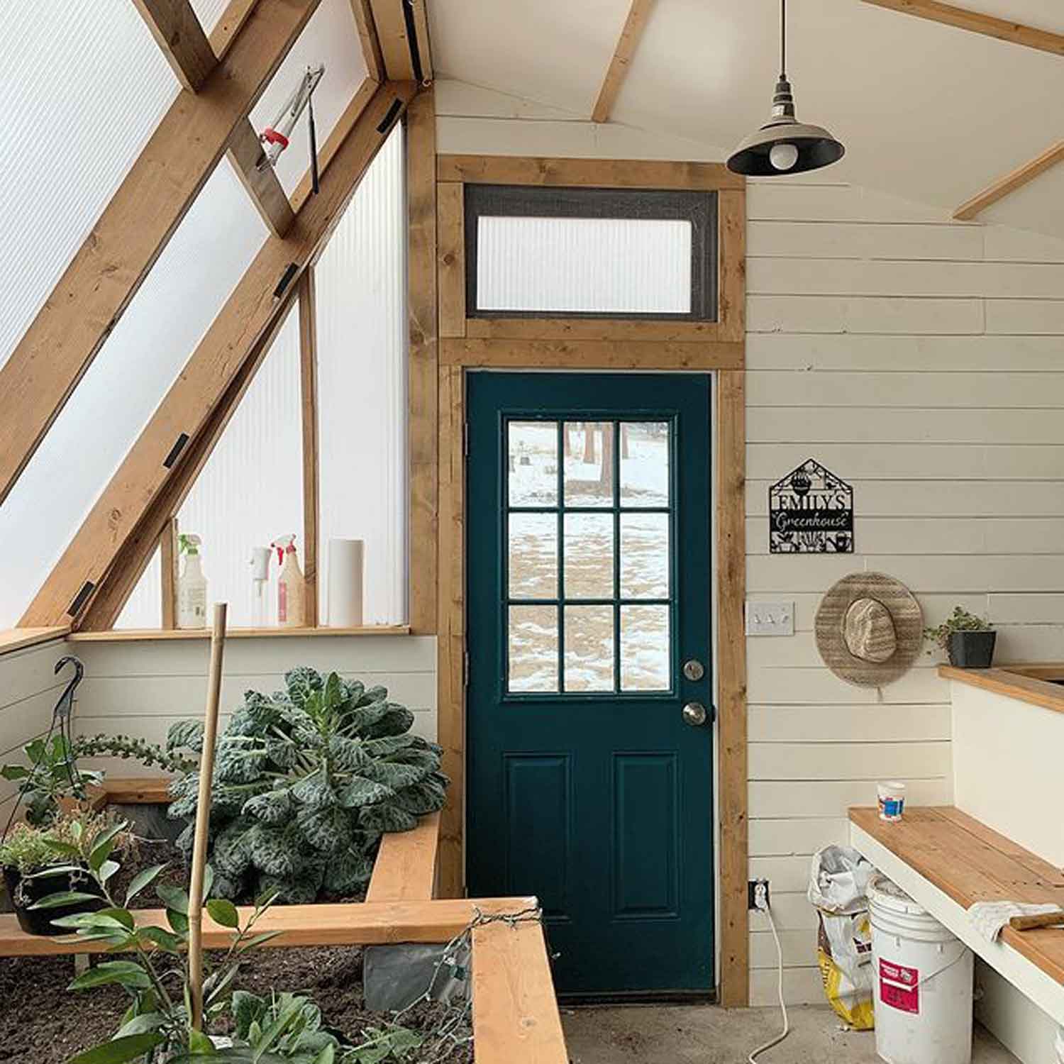 Interior of a neutral-colored greenhouse