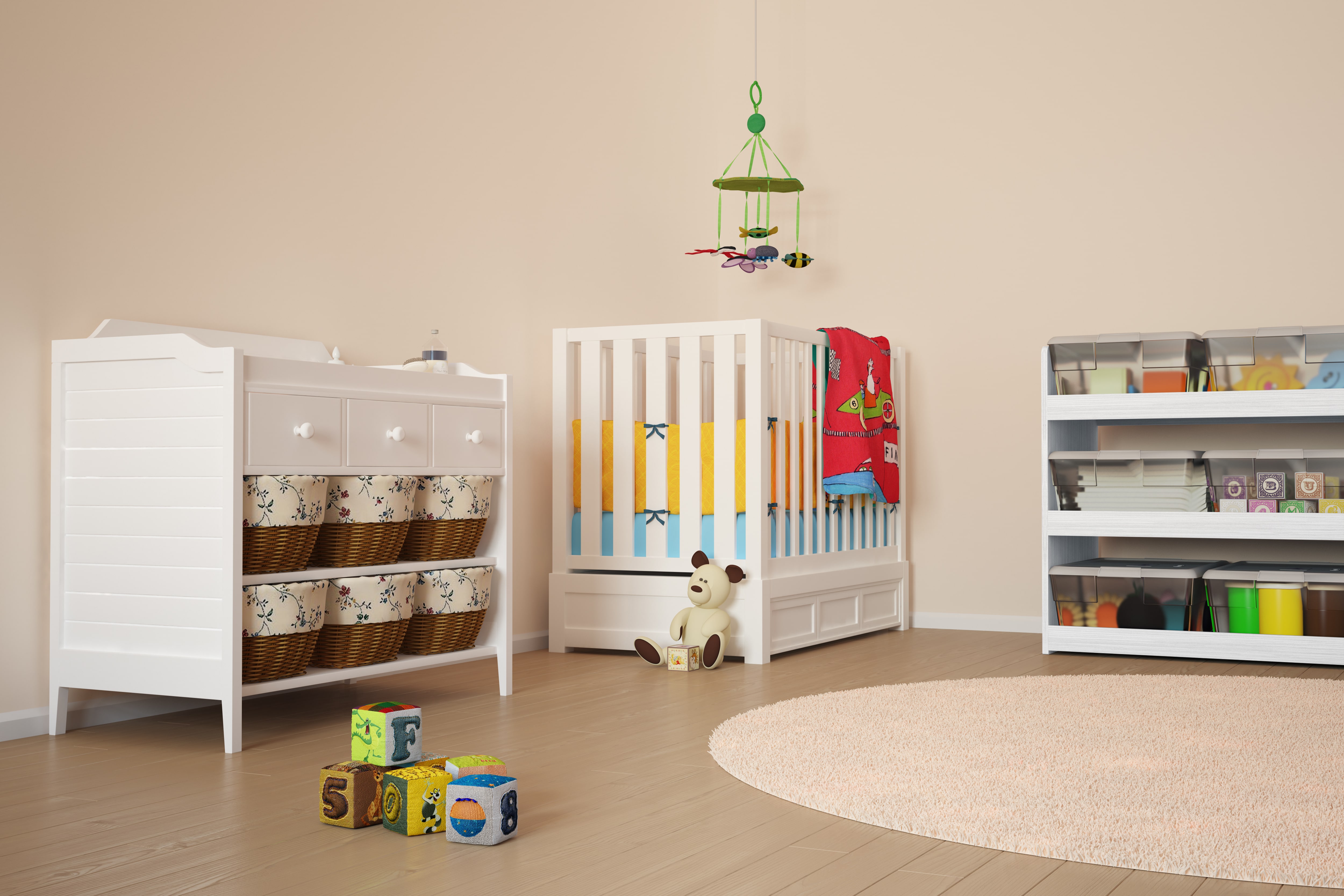 Nursery with toys and storage baskets 