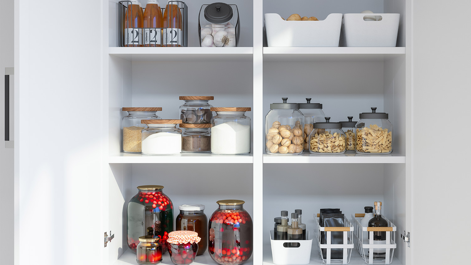 Food organized in kitchen cabinet