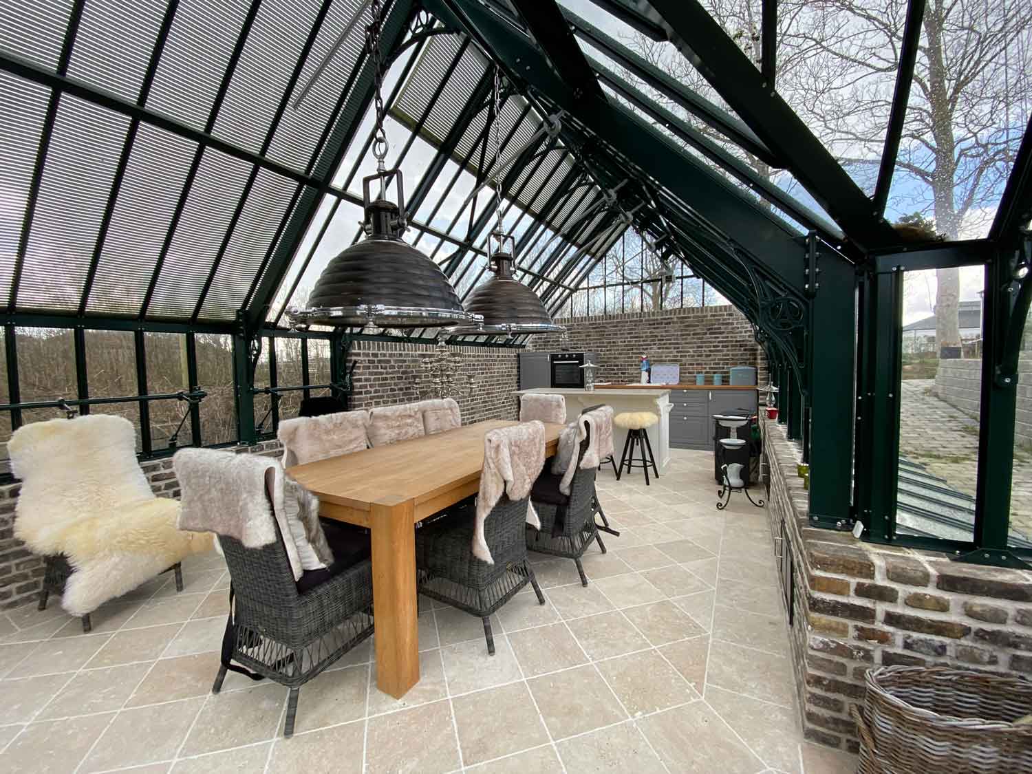 Dining space inside of a glasshouse