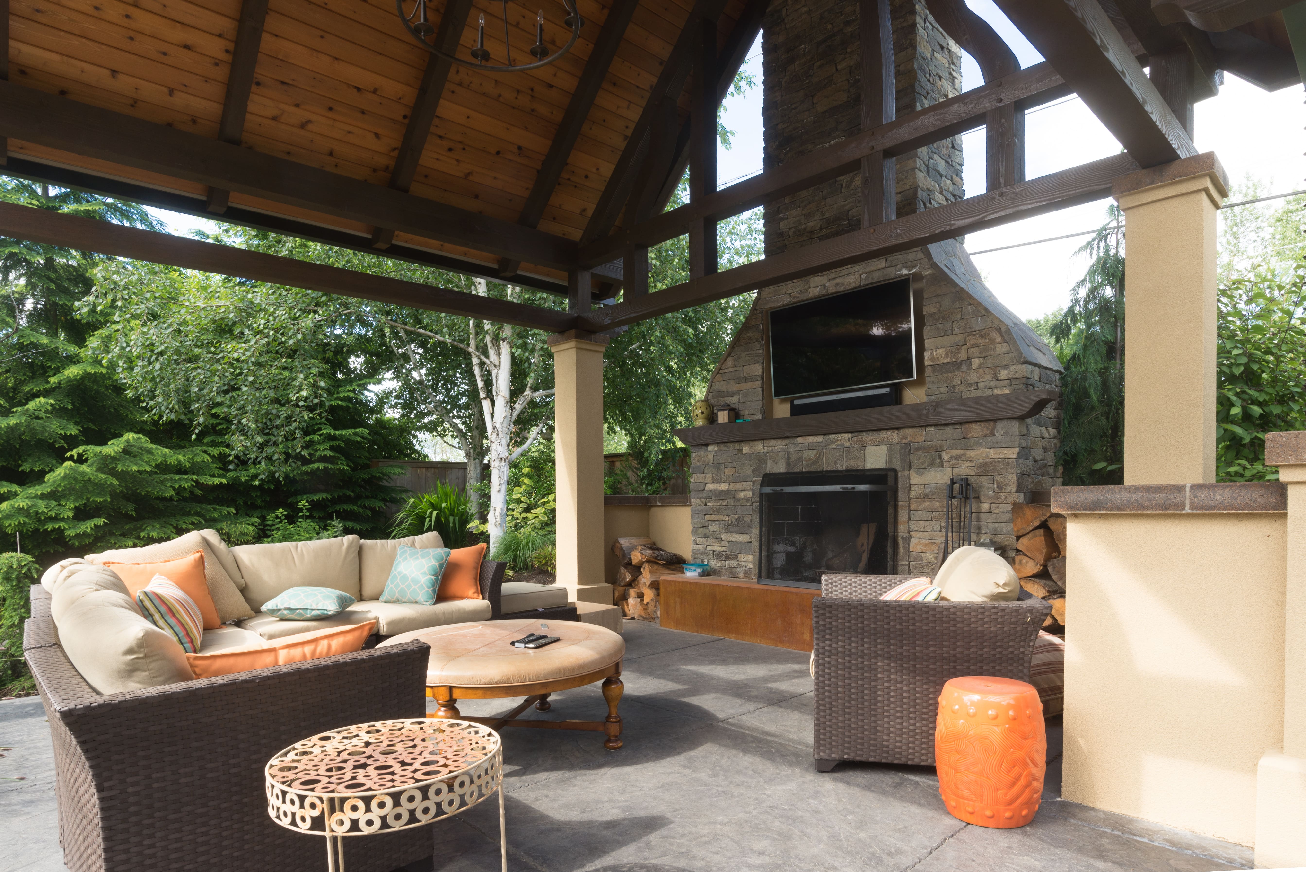 Outdoor living room with TV and fireplace