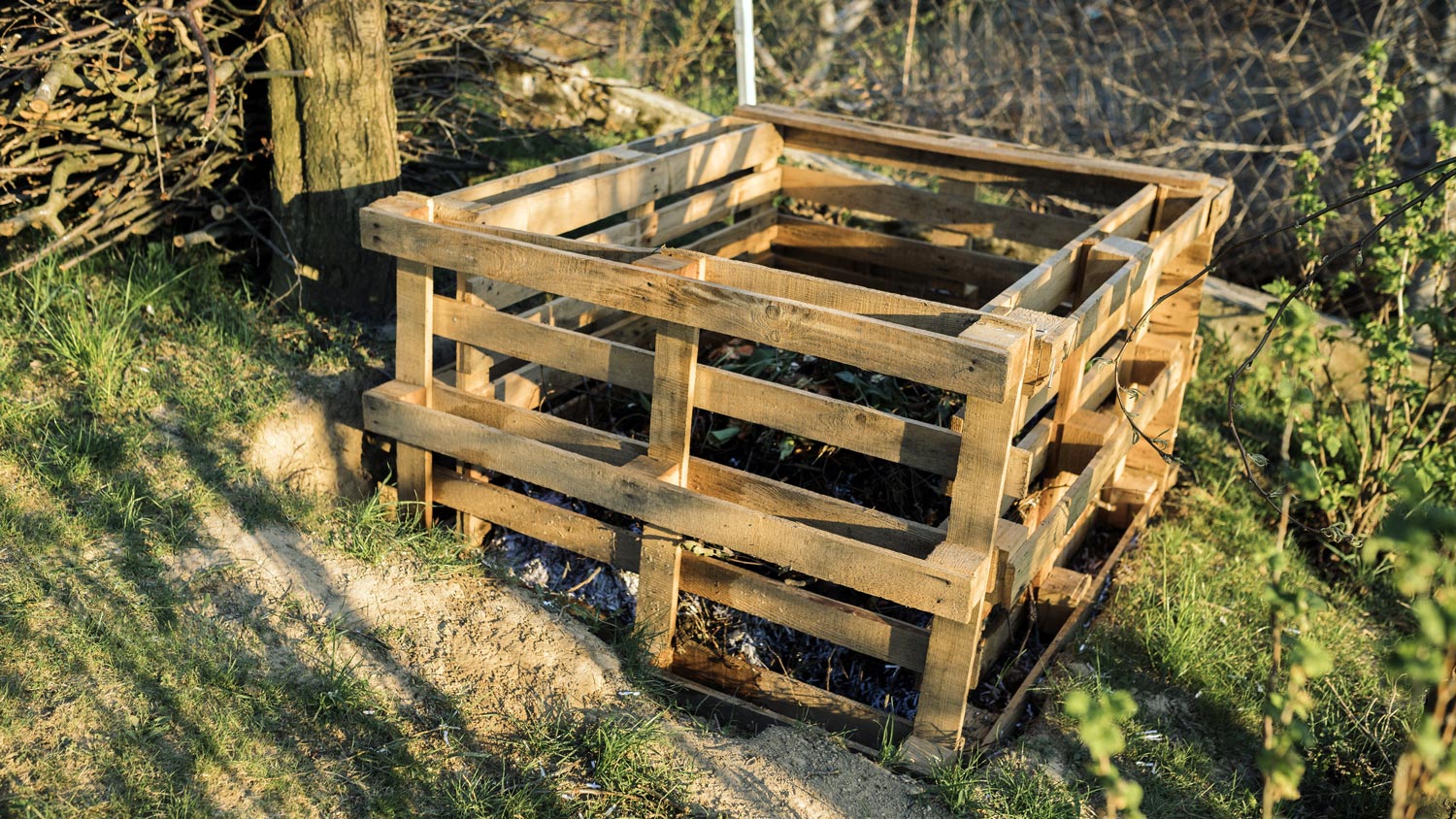 A pallet compost bin in the yard of a house