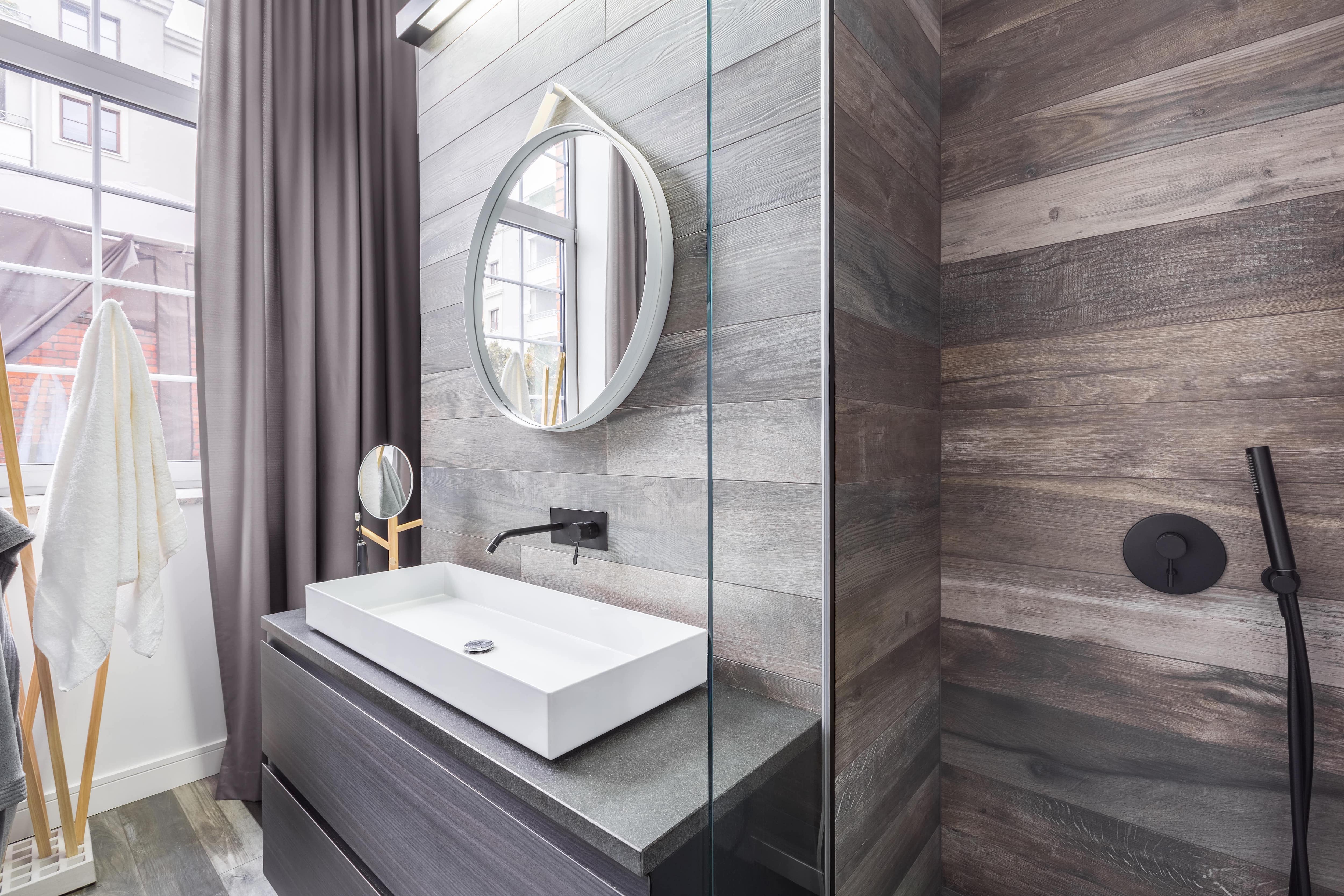 Faux wood plank tiling in bathroom