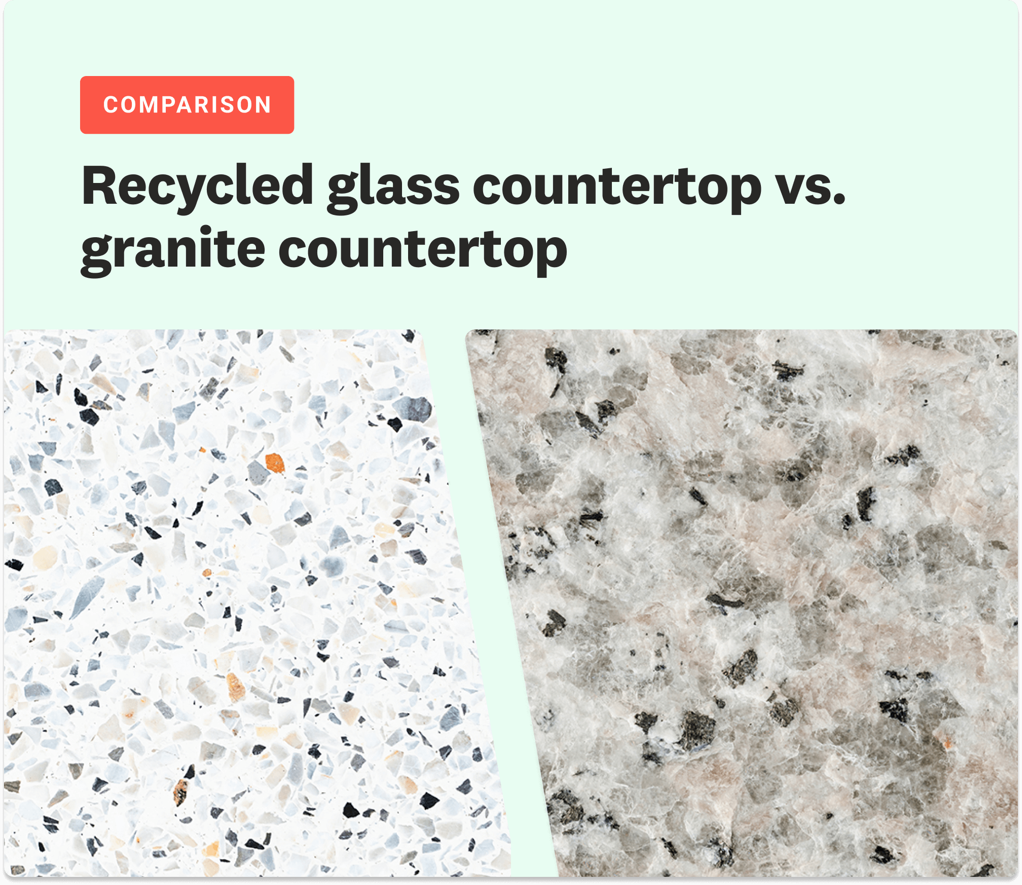 Close-up of a glass vs. granite countertop