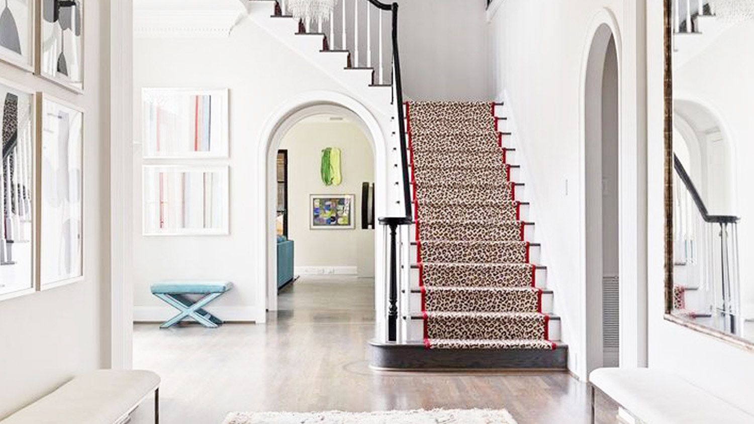 Cheetah carpet red trim stairs