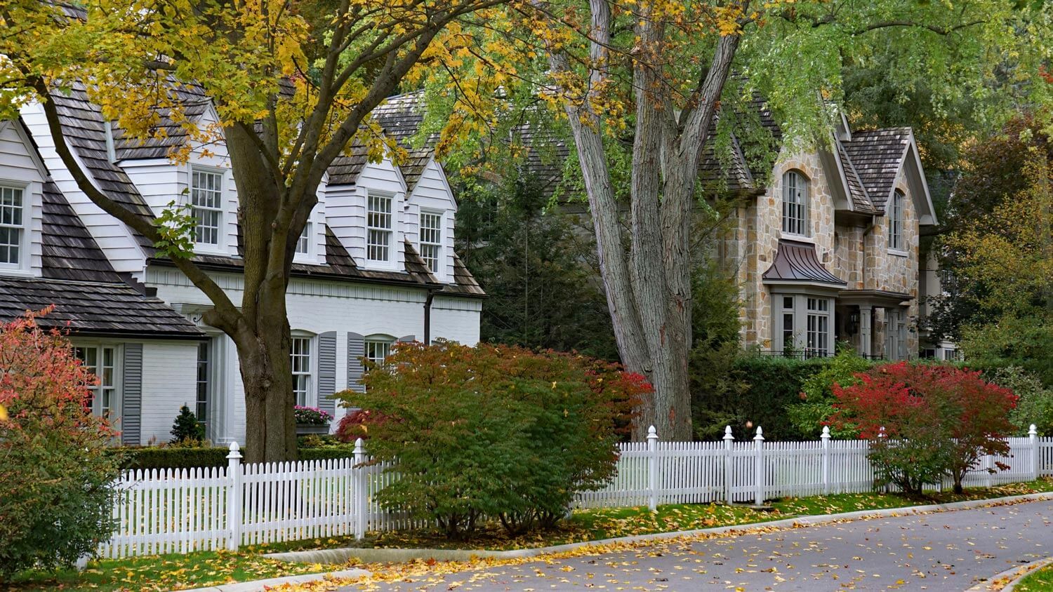 A residential street with all the houses having a white picket fence