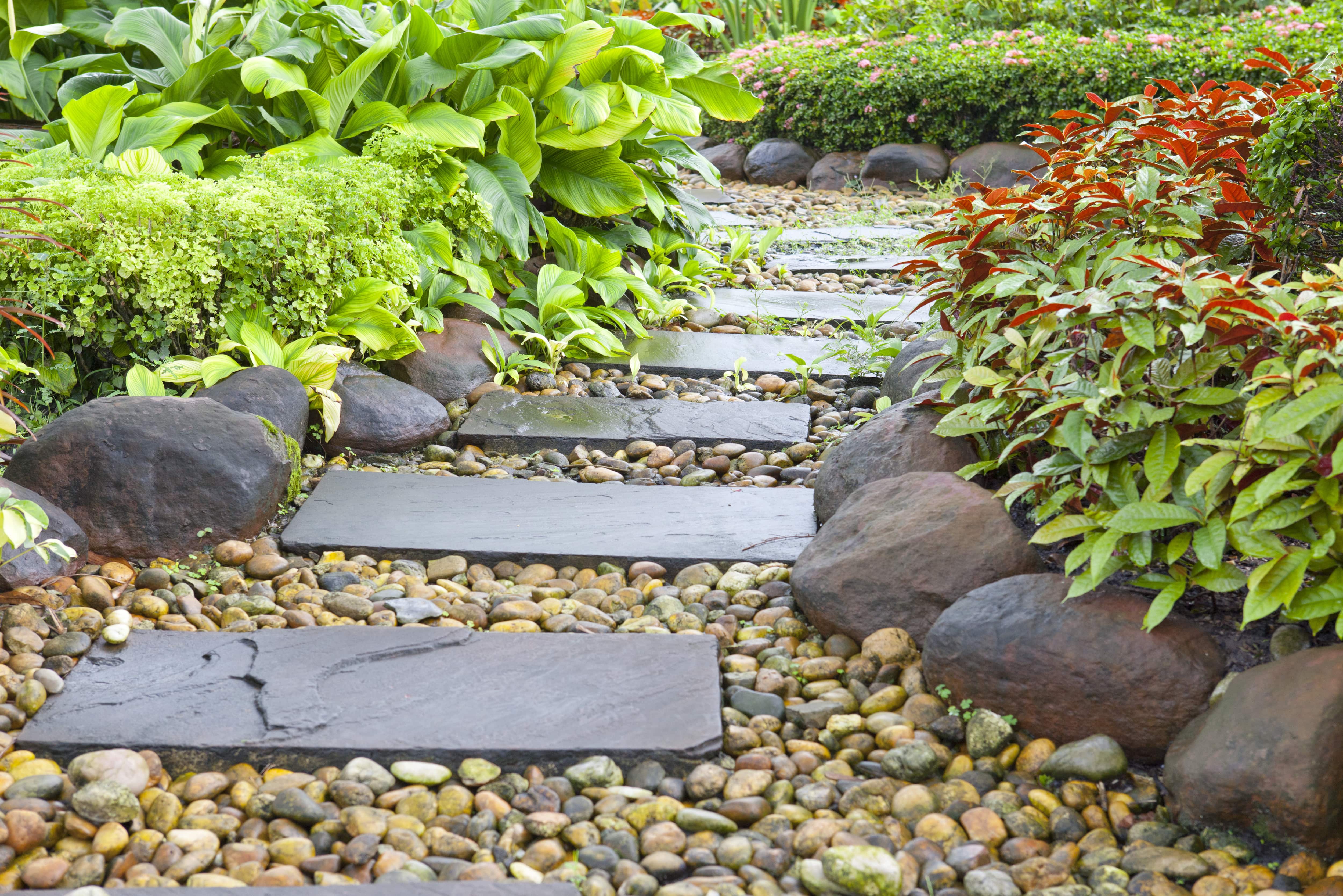 River stone pathway with large rectangular slate stepping stones in a yard