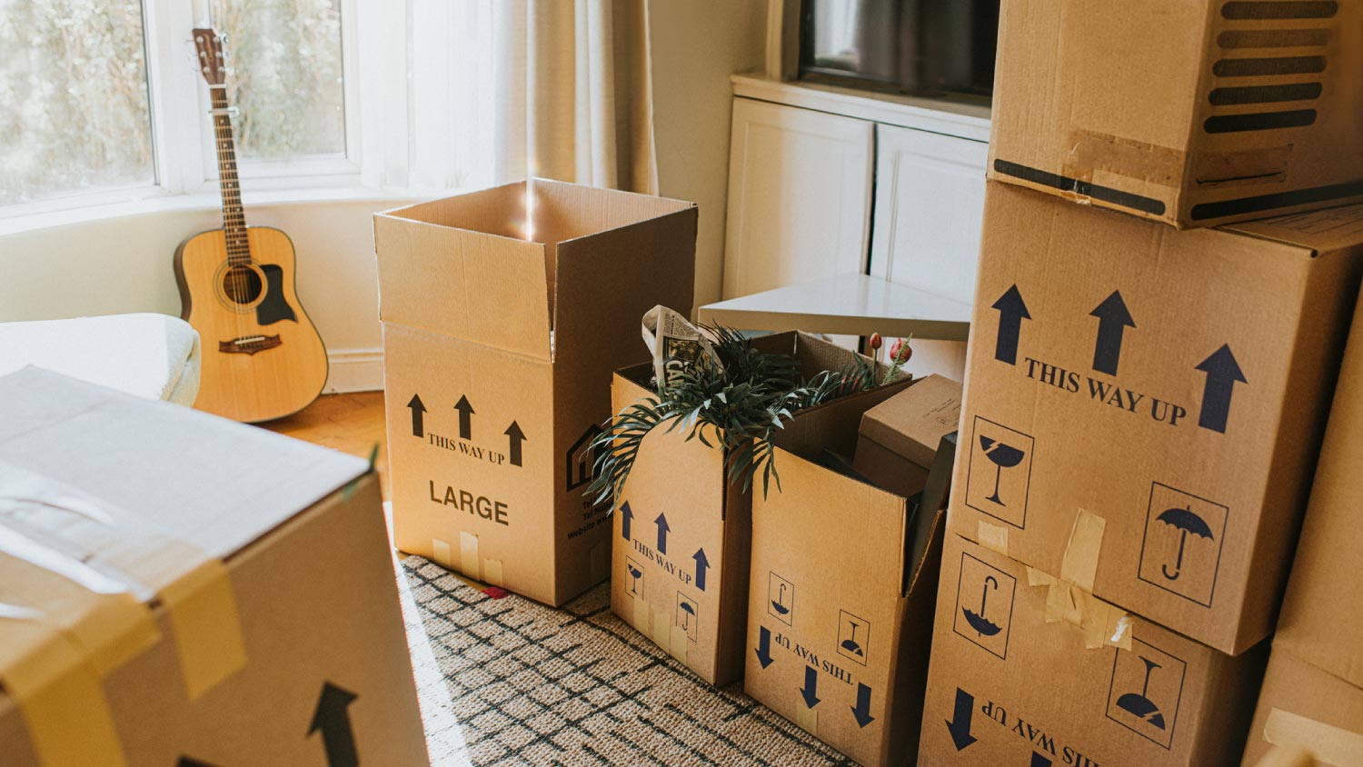 A room full of stacked cardboard boxes