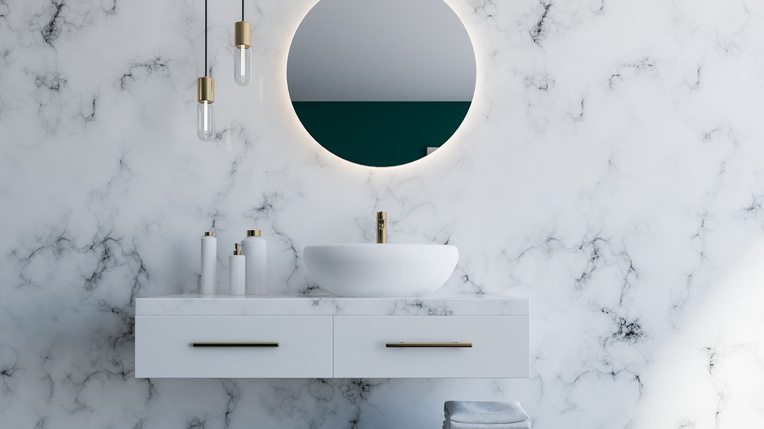 Bathroom with round mirror and marble wall