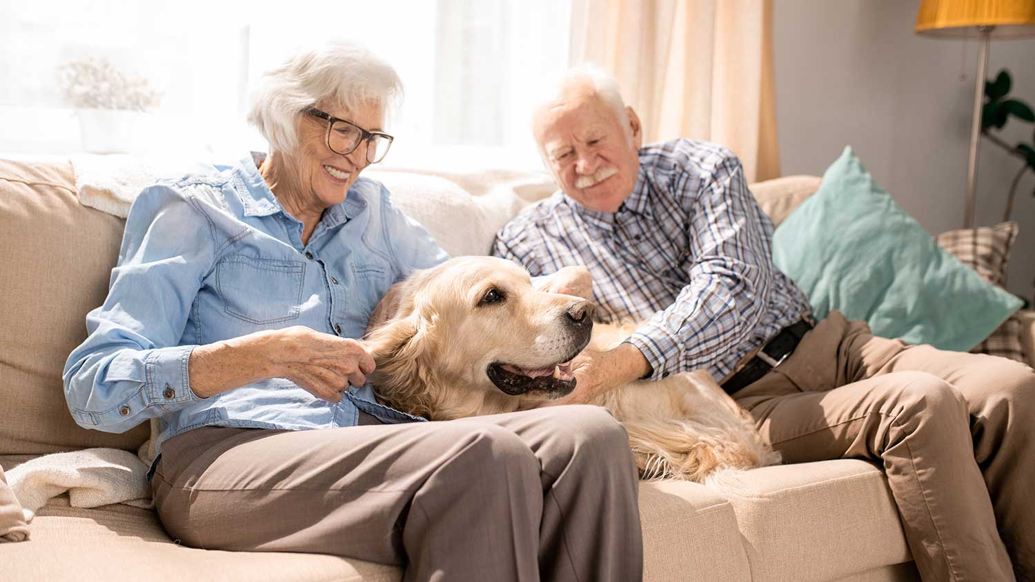 Senior couple snuggling with dog