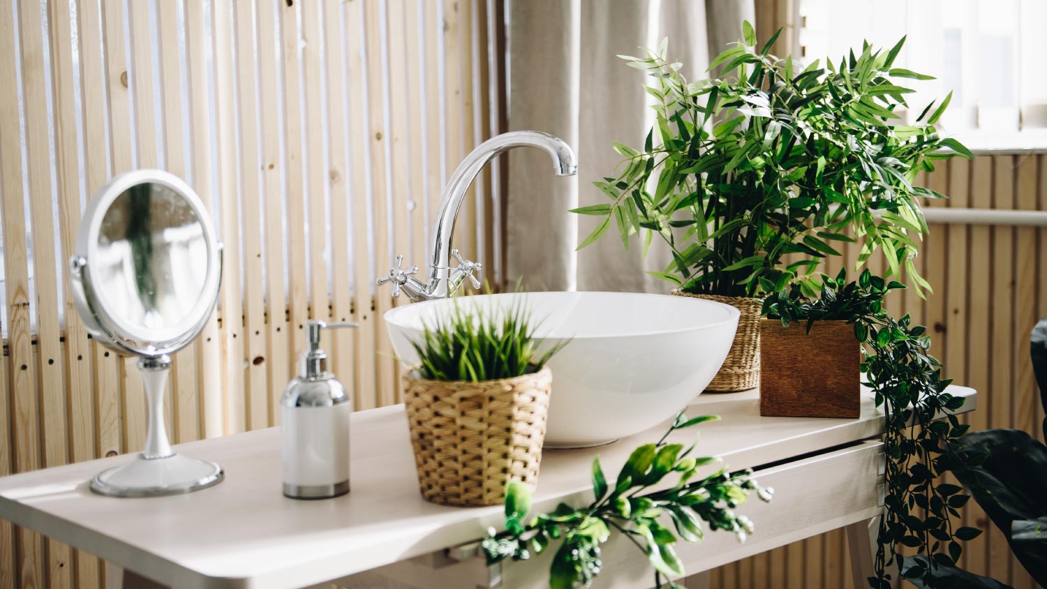 A sink decorated with plants