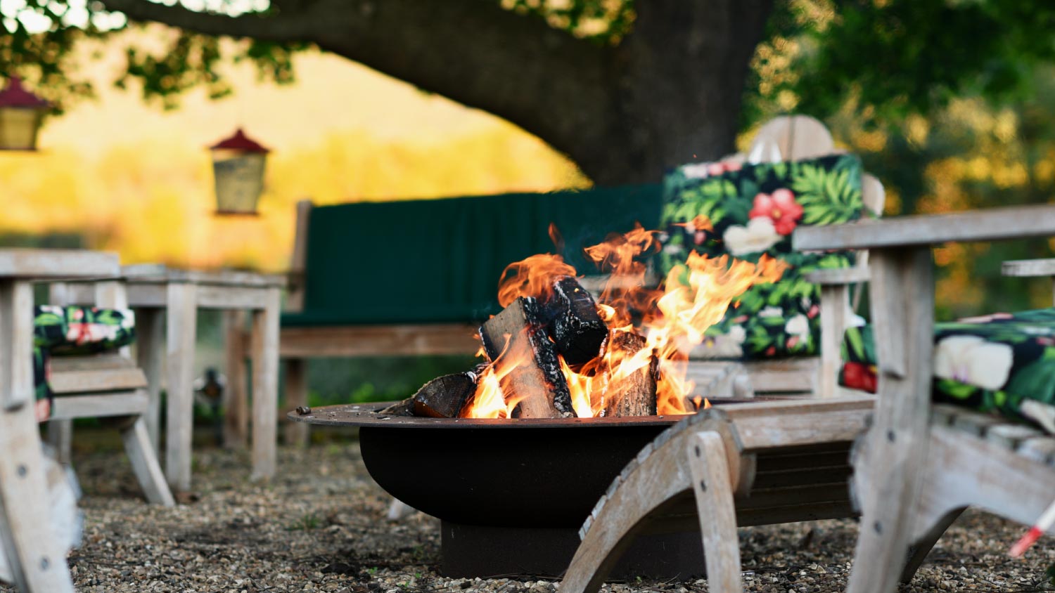 Sitting area around a roaring fire pit