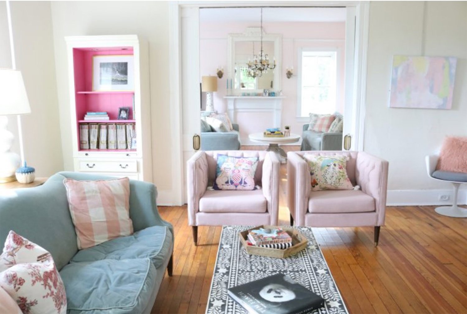 Soft pink and blue living room