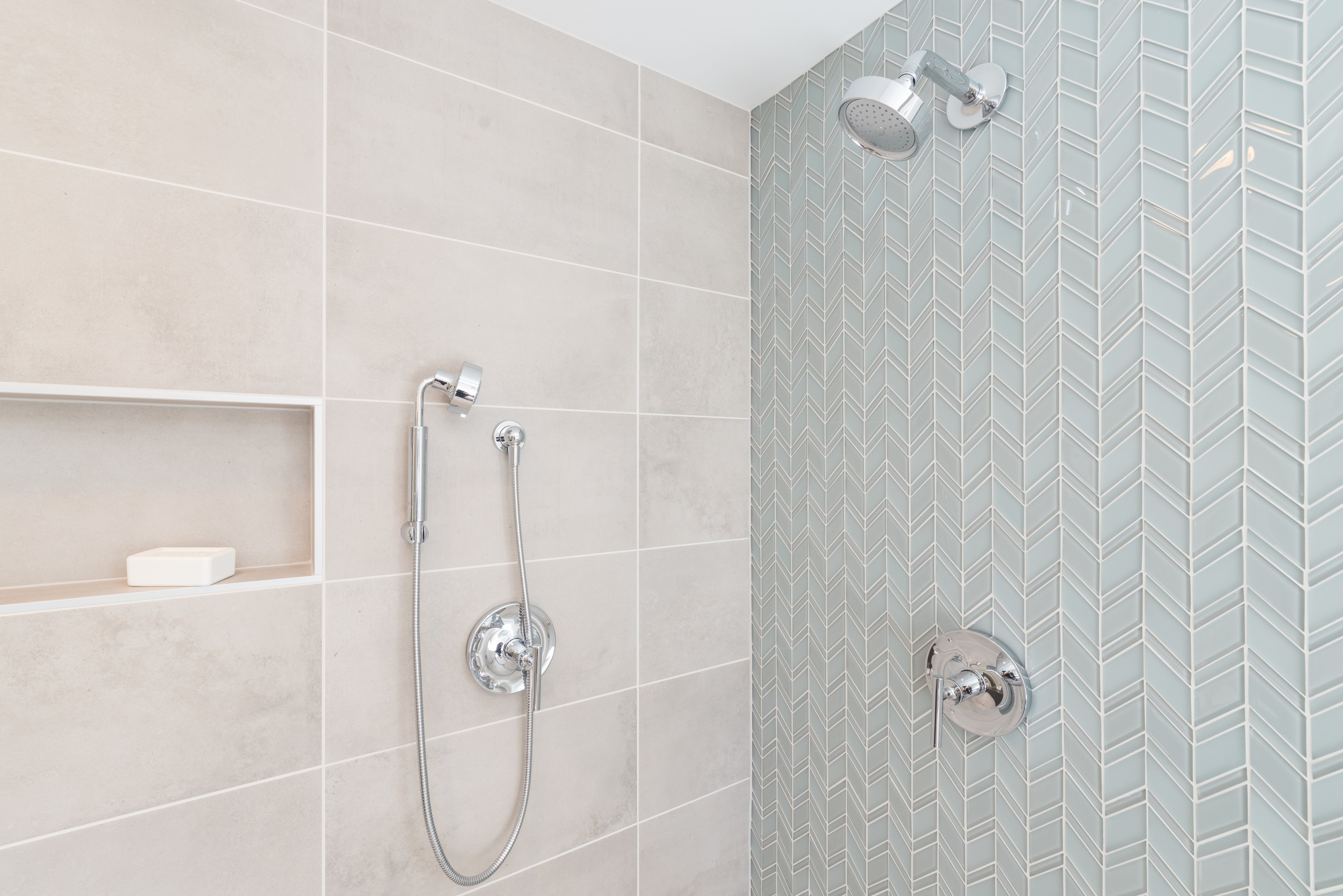 Green glass and ceramic shower tiles