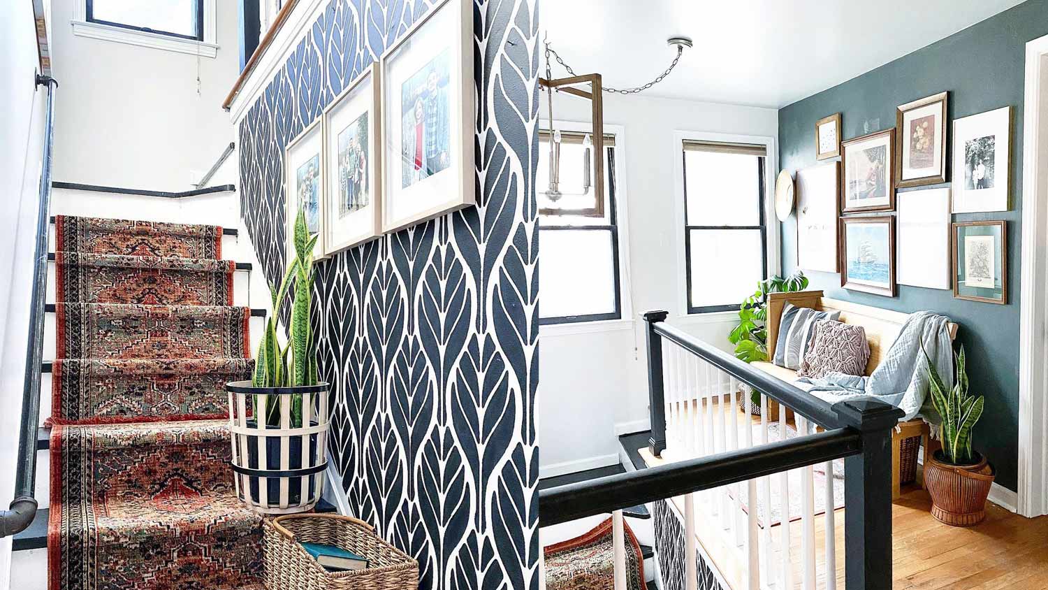 Stairs carpet pattern navy wallpaper