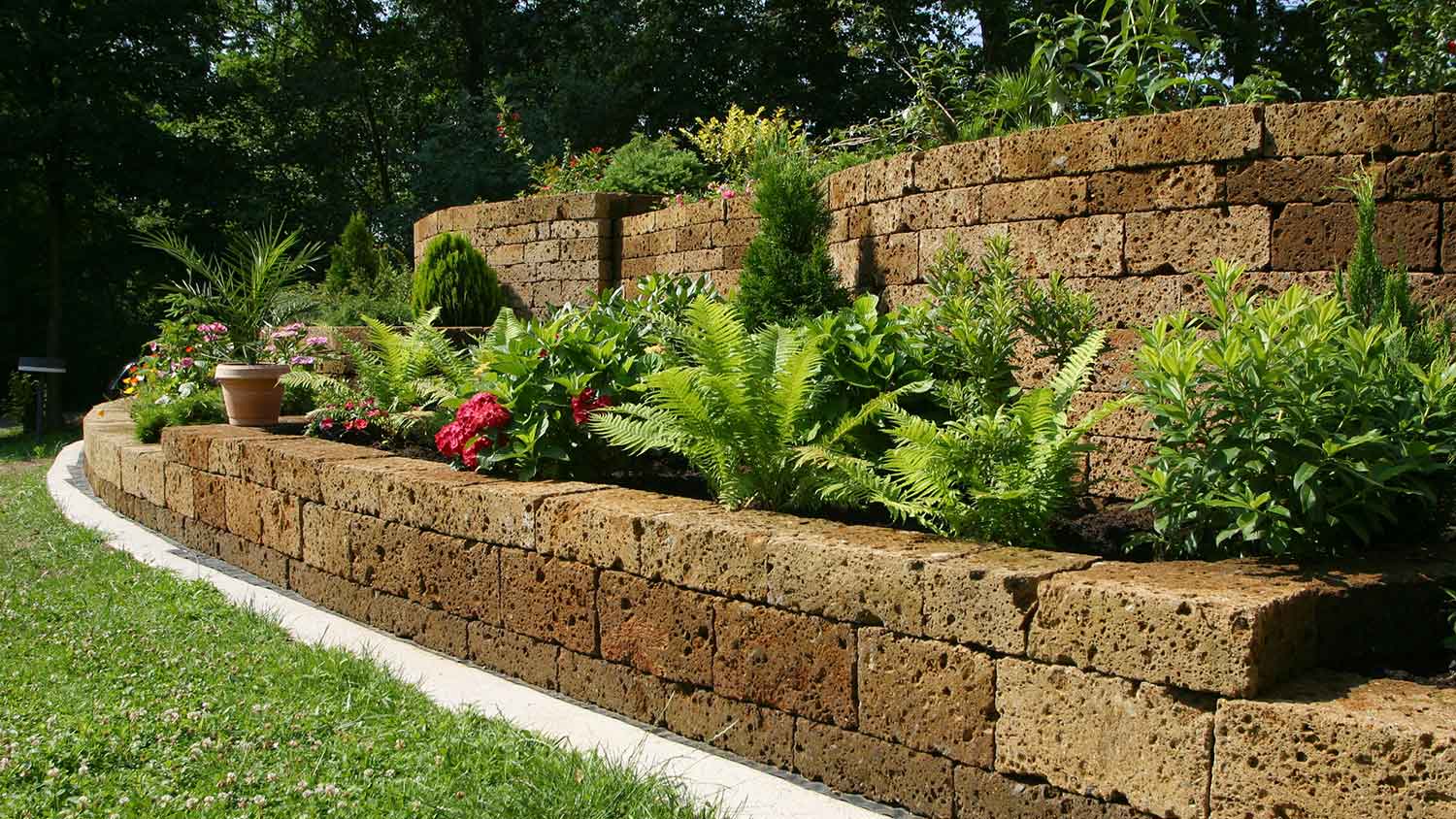 Backyard with stone flower bed