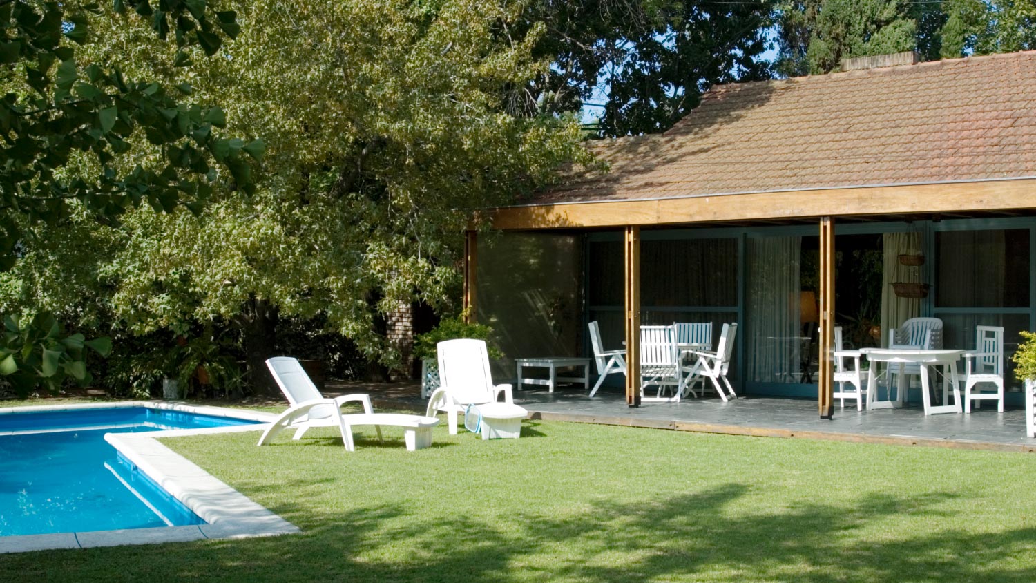 Suburban garden with swimming pool
