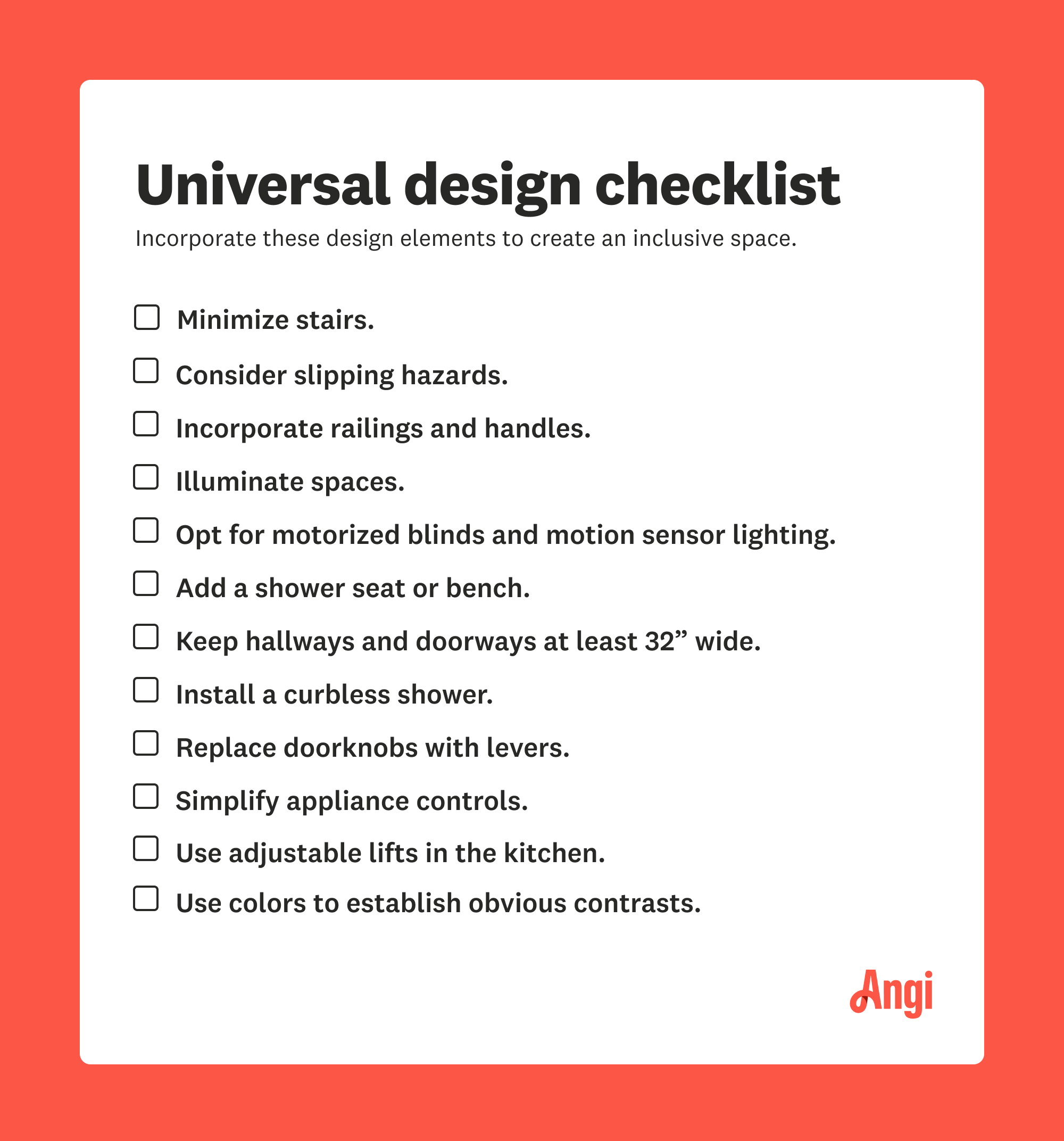 Universal design checklist to create an inclusive space, including minimizing stairs and incorporating railings