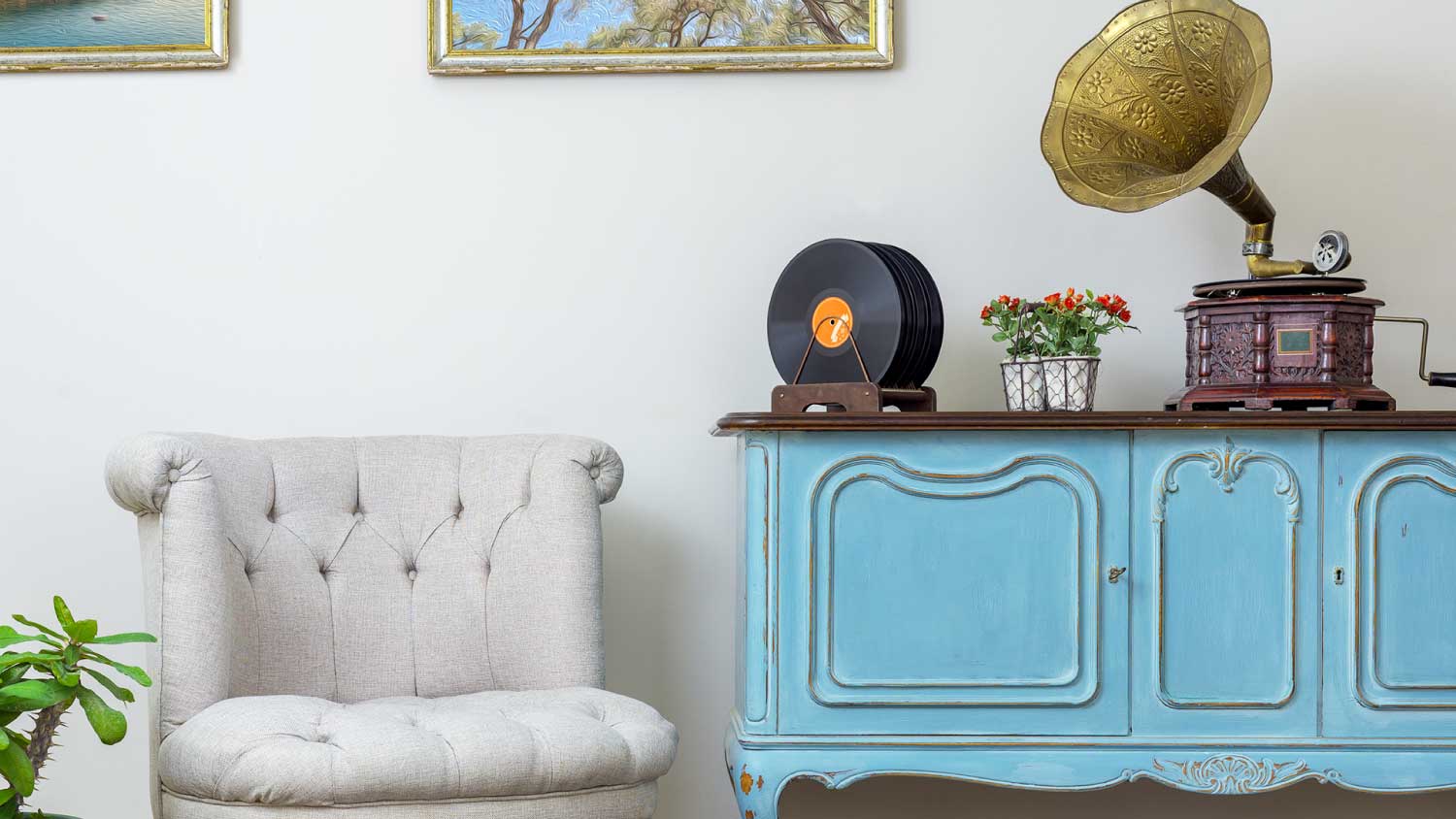 vintage furniture and music player