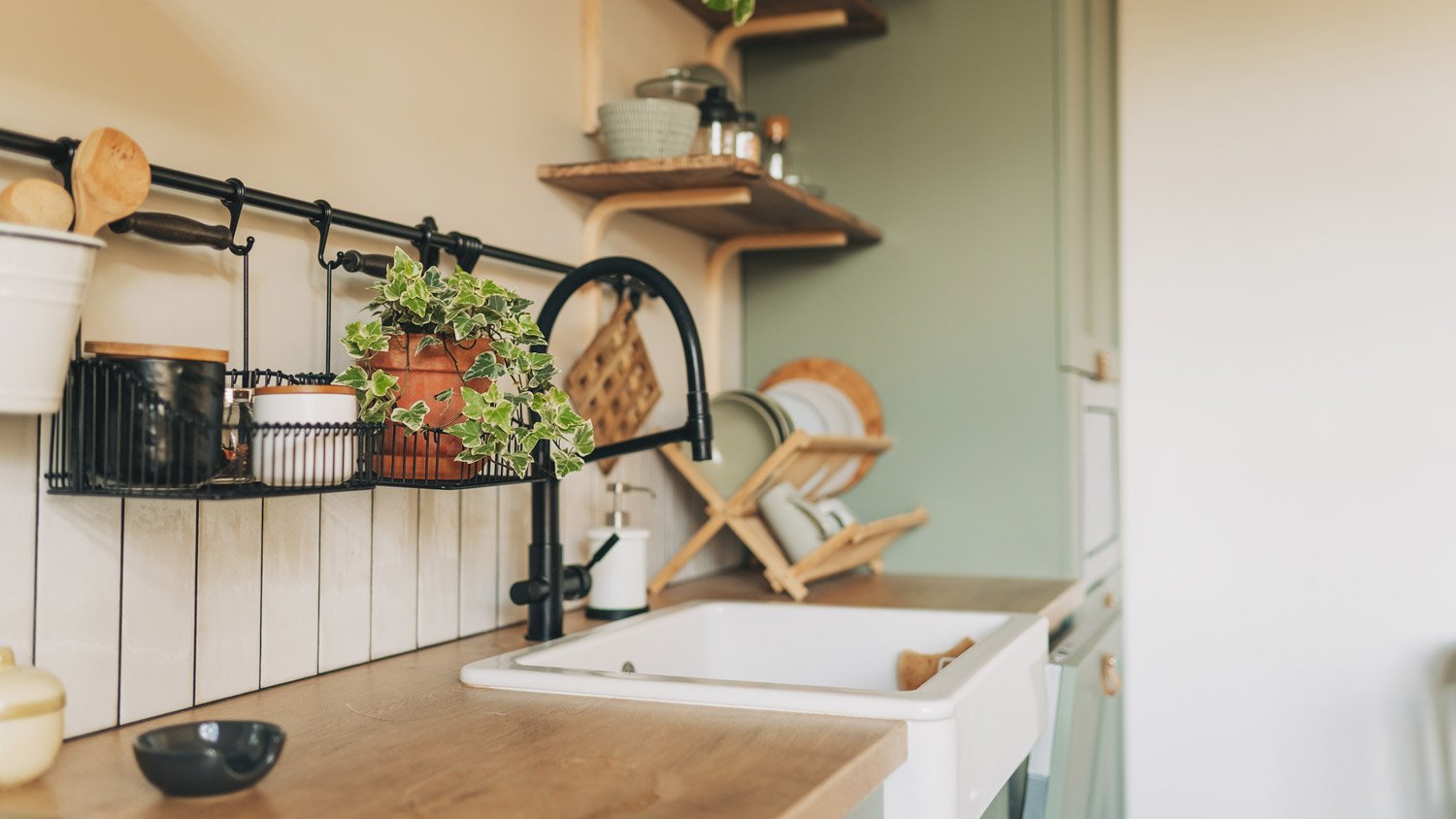 A vintage kitchen with subway tiles