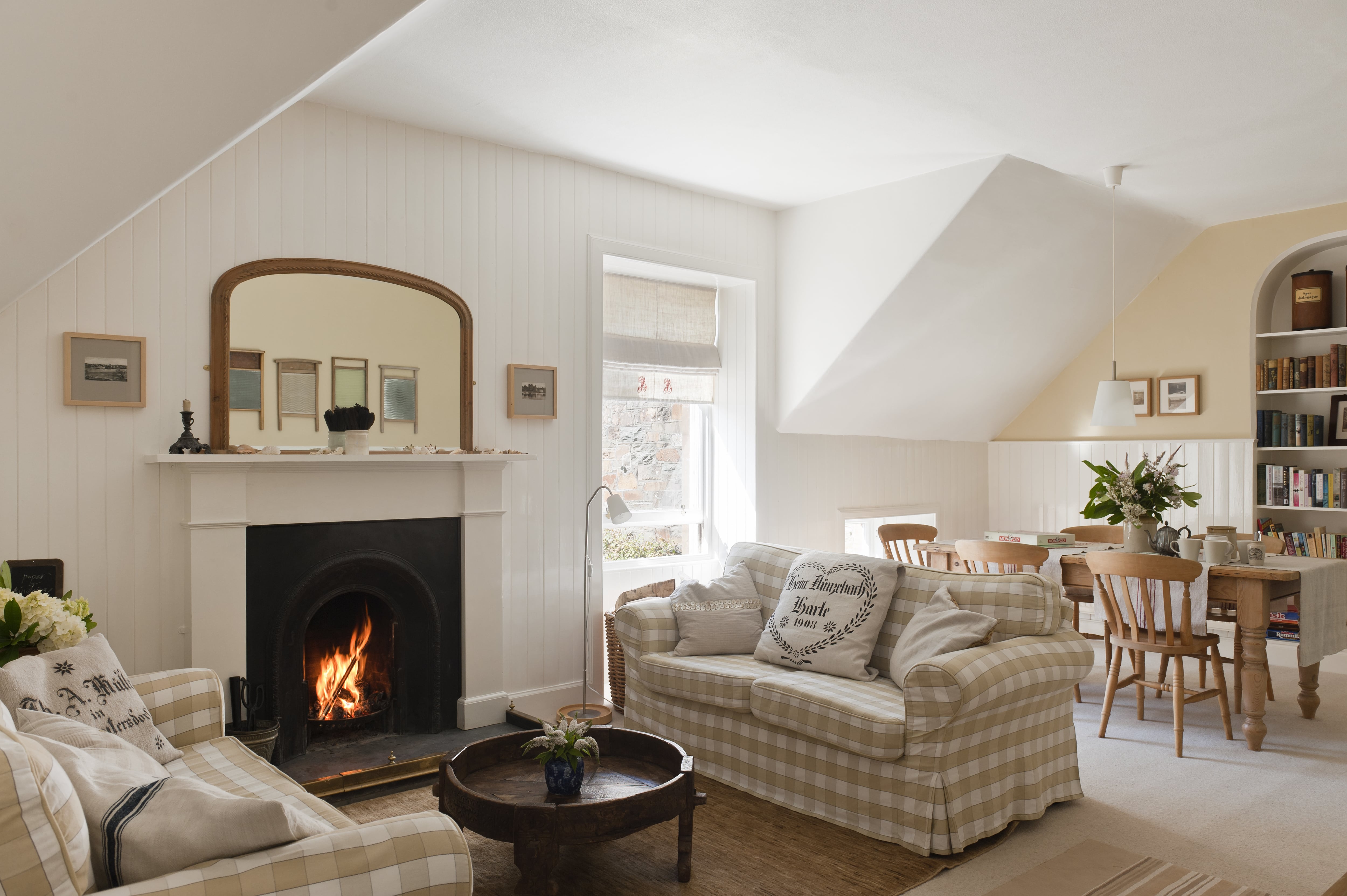 Cozy den area with alternating wainscoting walls