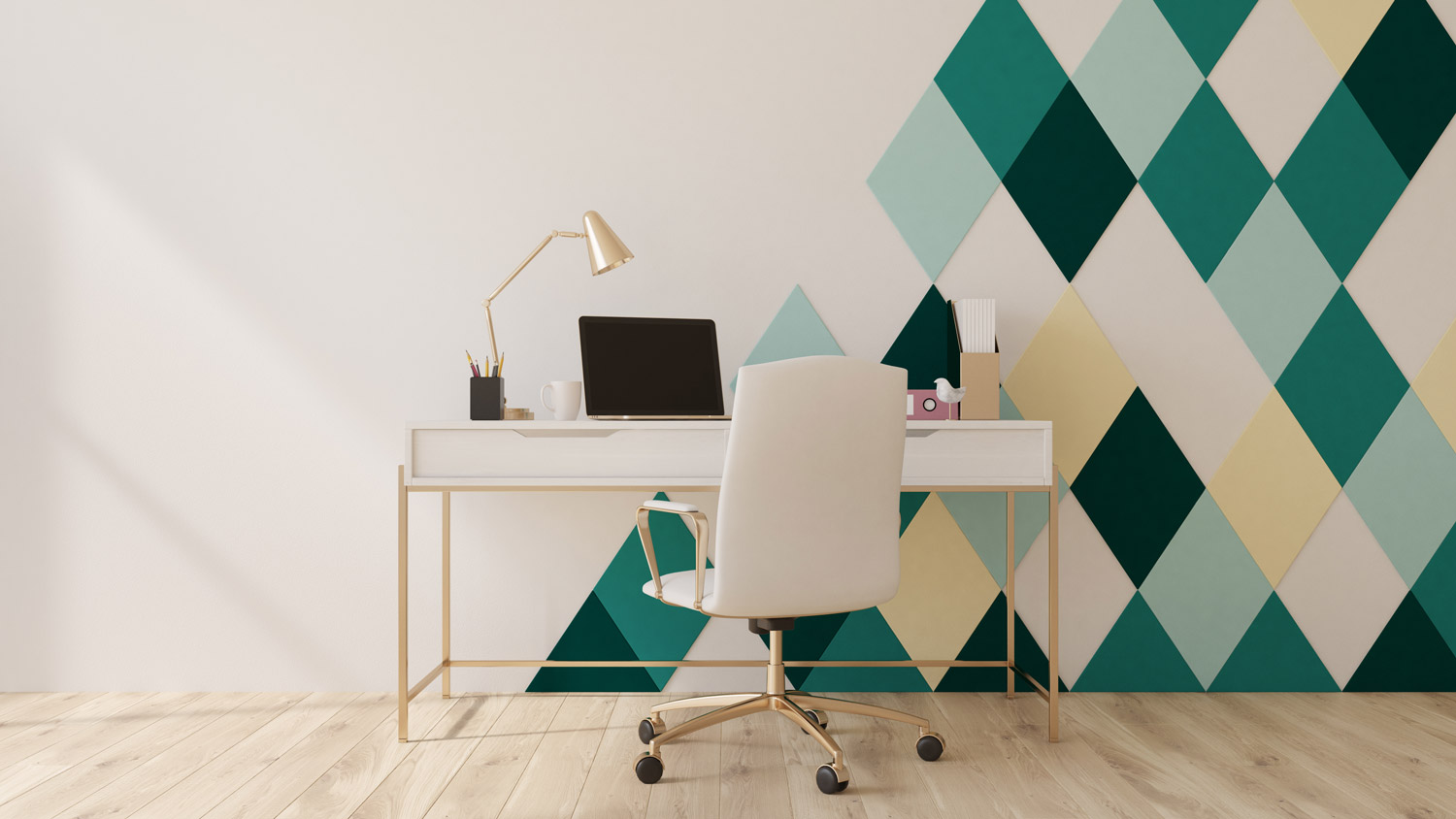 A white and green diamond pattern on the wall of a home office