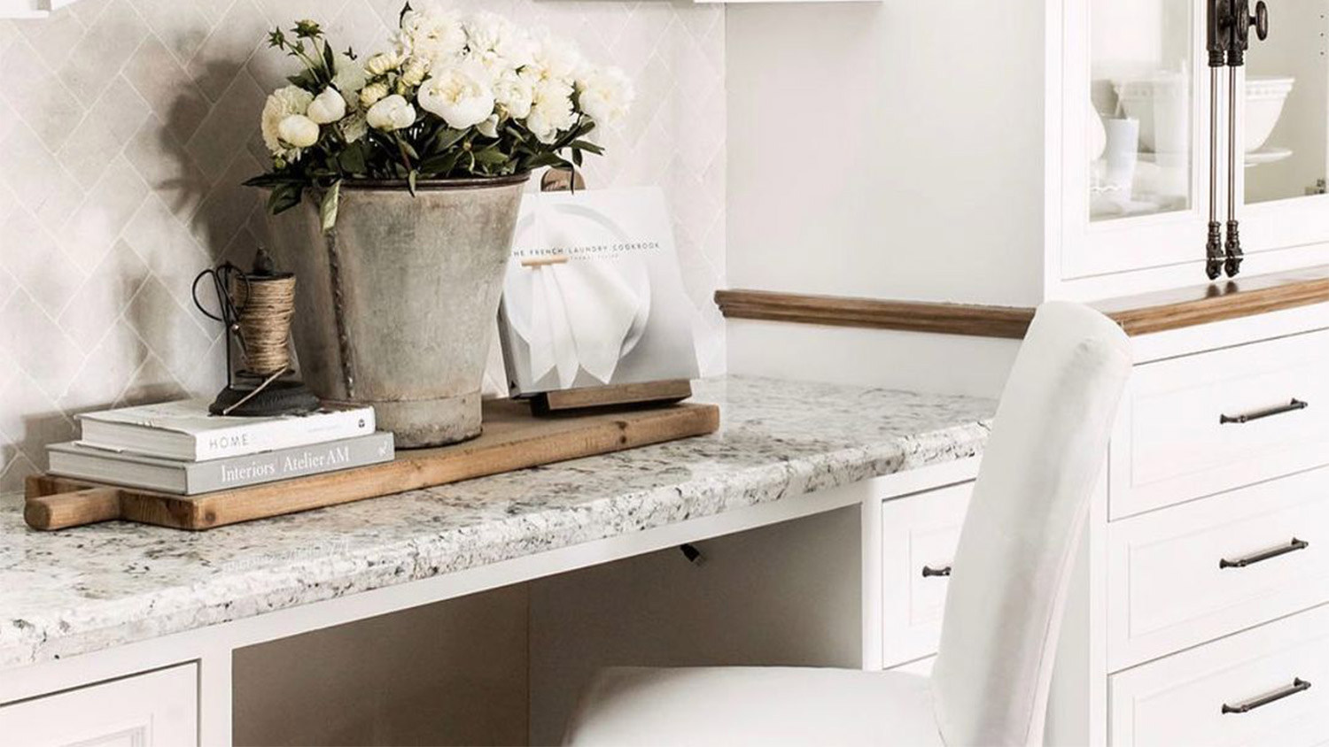 White marble table top chair and drawers