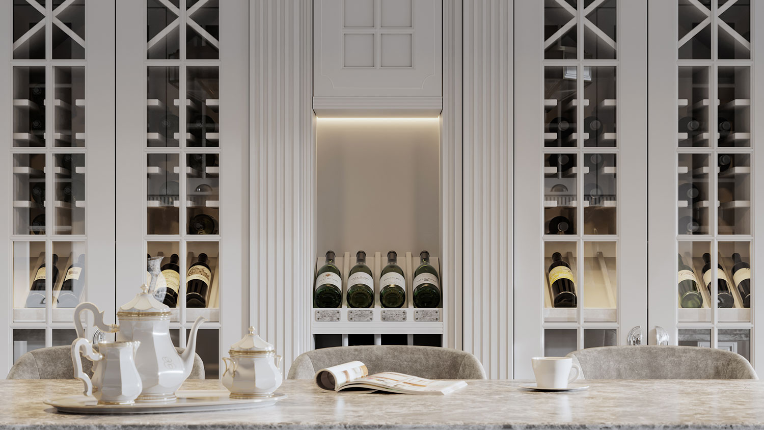 Wine cellar in a home kitchen with white cabinets