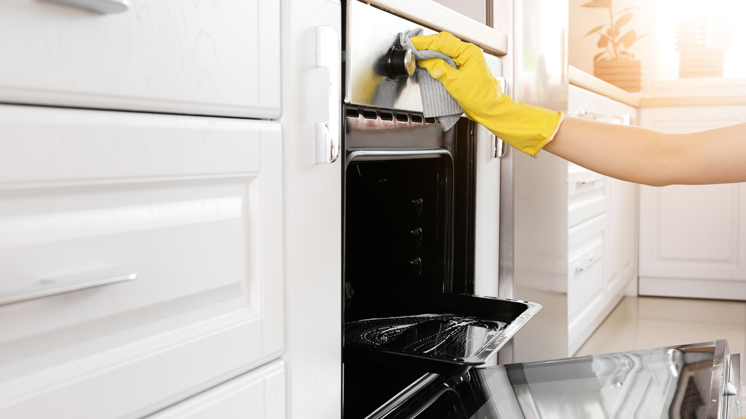 WOMAN CLEANING OVEN