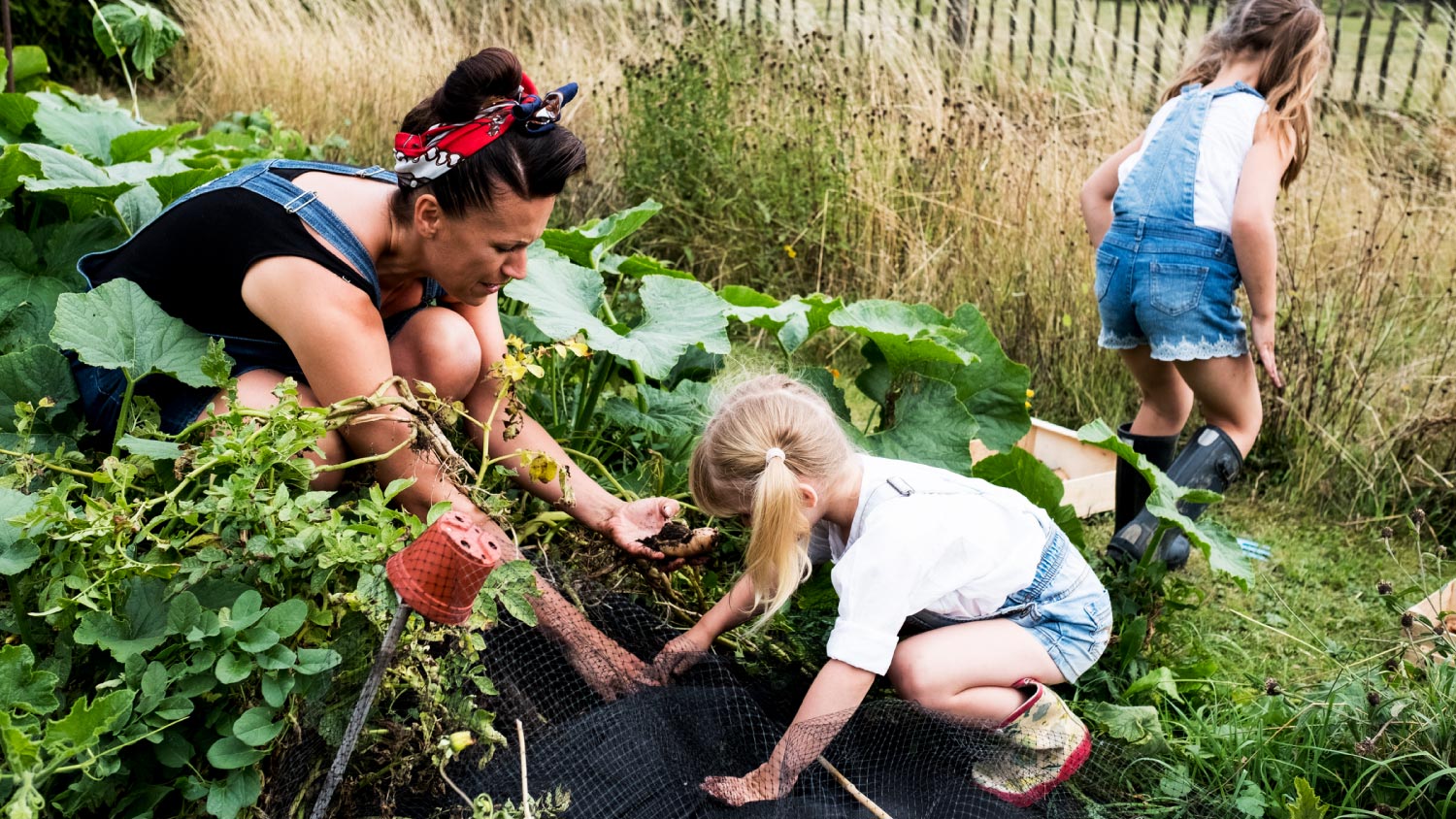 A woman and two girls in a vegetable garden