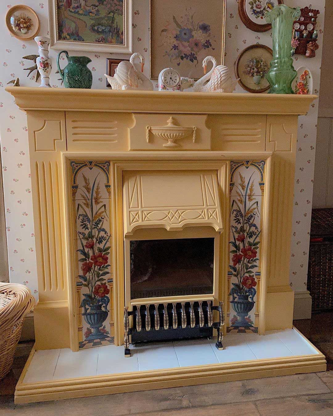 Fireplace with yellow surround and tile hearth