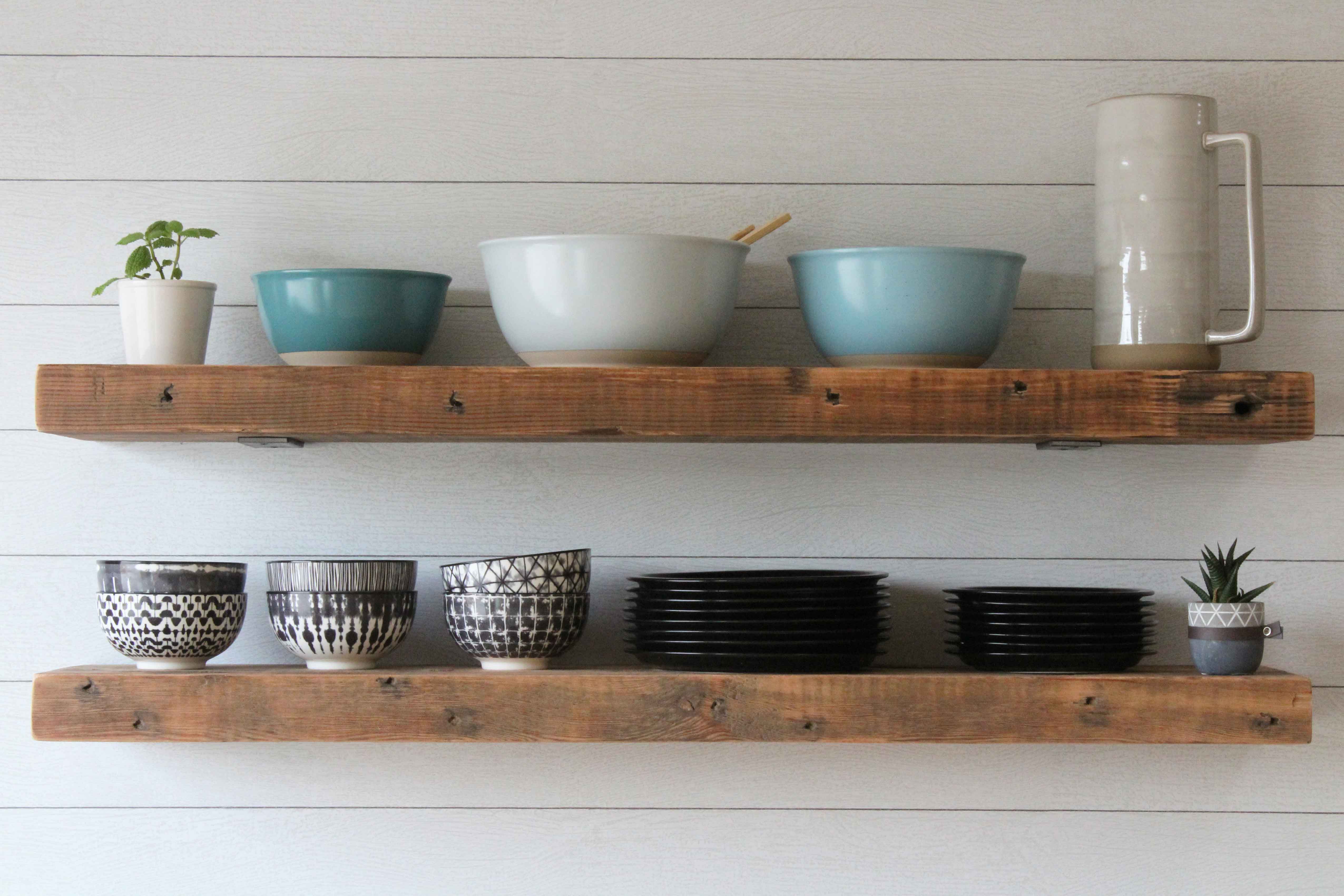 Reclaimed barn wood floating shelves