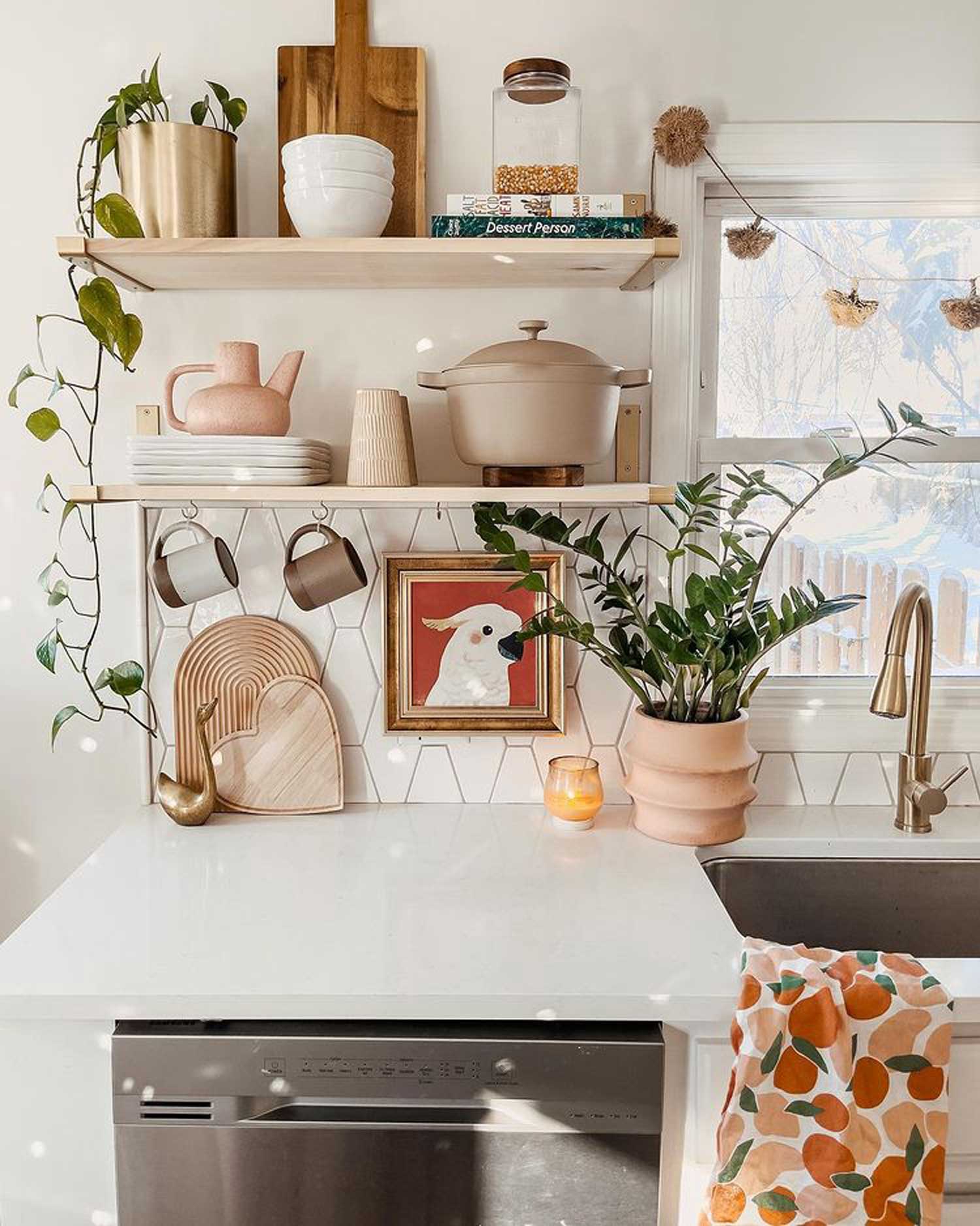 Kitchen with wood shelves and plants