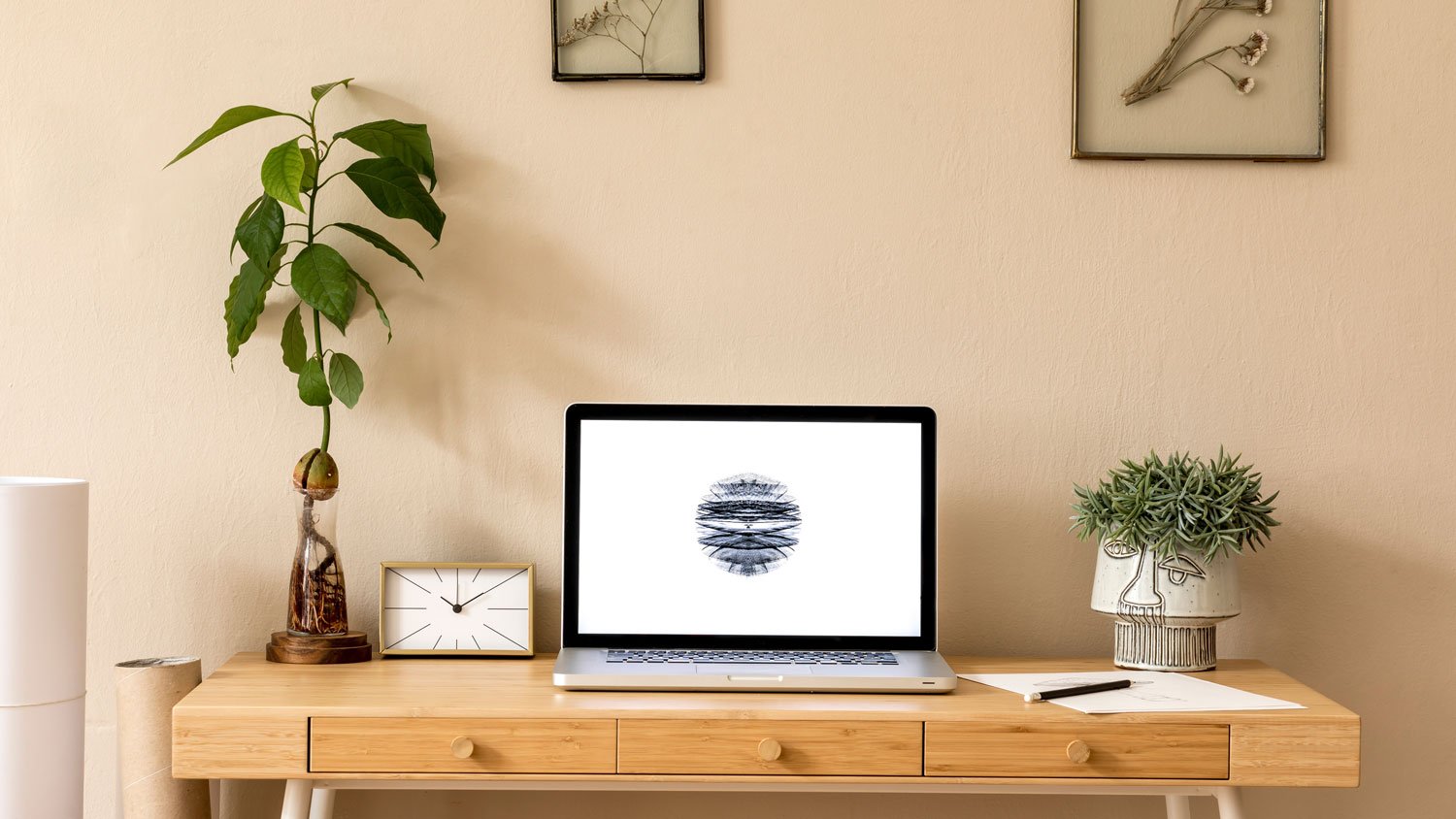 A minimalistic wooden desk with an avocado plant on it