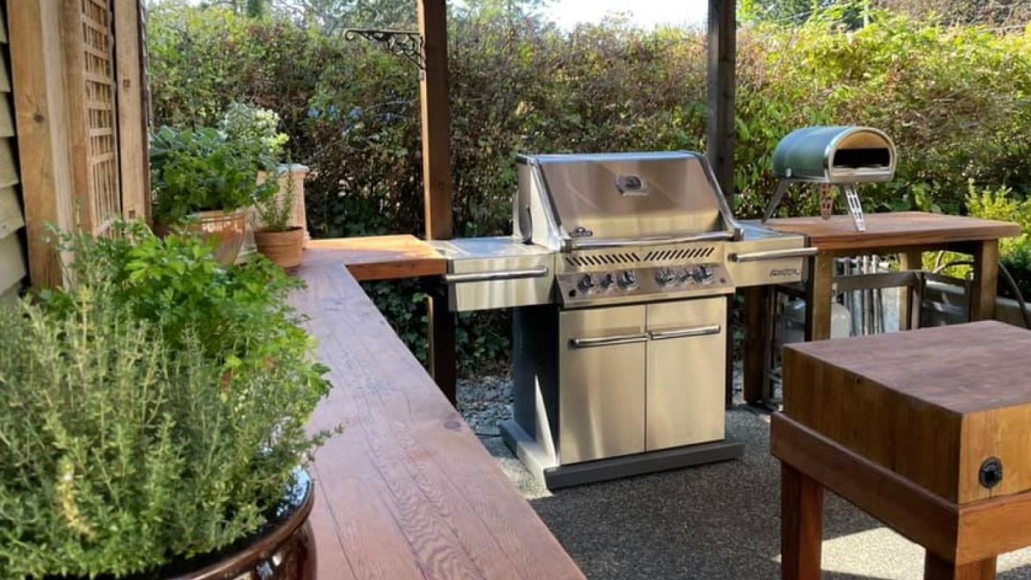 A wooden outdoor kitchen