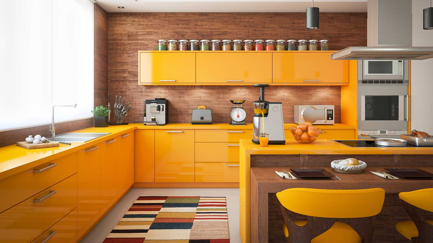 Contemporary kitchen design with yellow cabinets
